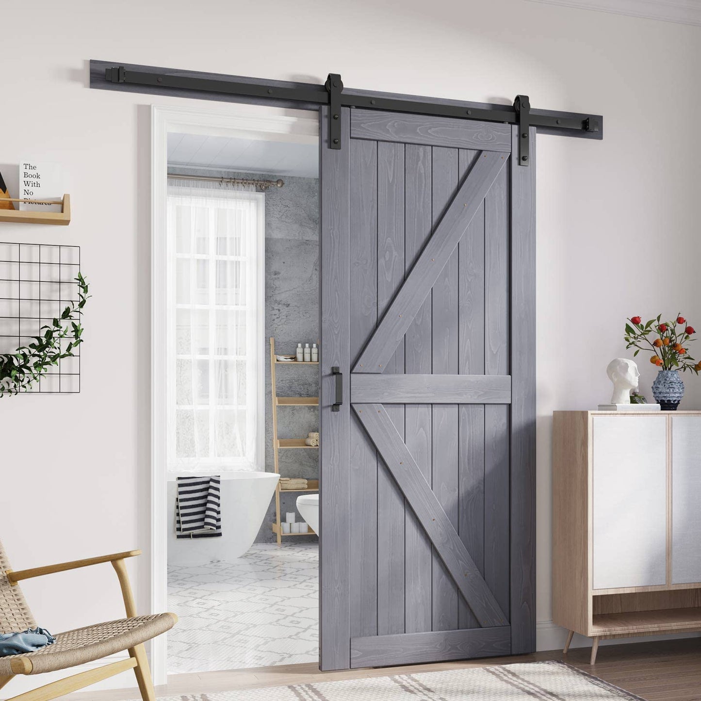 FREDBECK 36in x 80in Gray Wood Barn Door Slab with 6.6ft (79inch) Barn Door Hardware Track Kit Included, Double Surfaces,Simple Assembly is Required,K-Frame,Grey