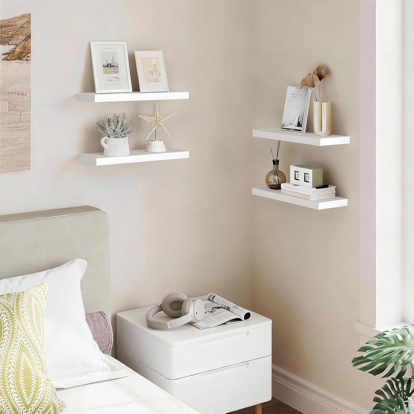 BAYKA Floating Shelves - Rustic Wall-Mounted Wood Shelves | 15.7in, Set of 4, 22lbs Capacity (White)