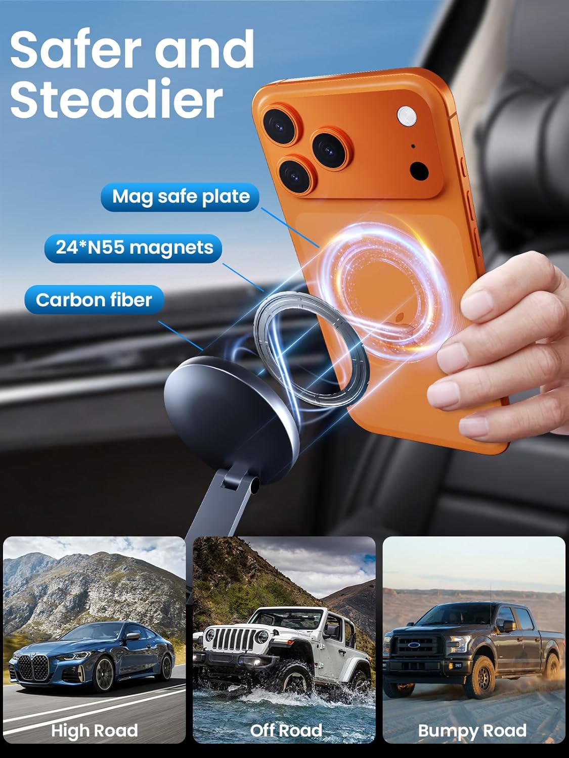 BEEGROW 360 17-12 Magnetic Car Phone Holder for Magsafe, Alloy Folding Cell Car Phone Mount with Ultra Stable Suction