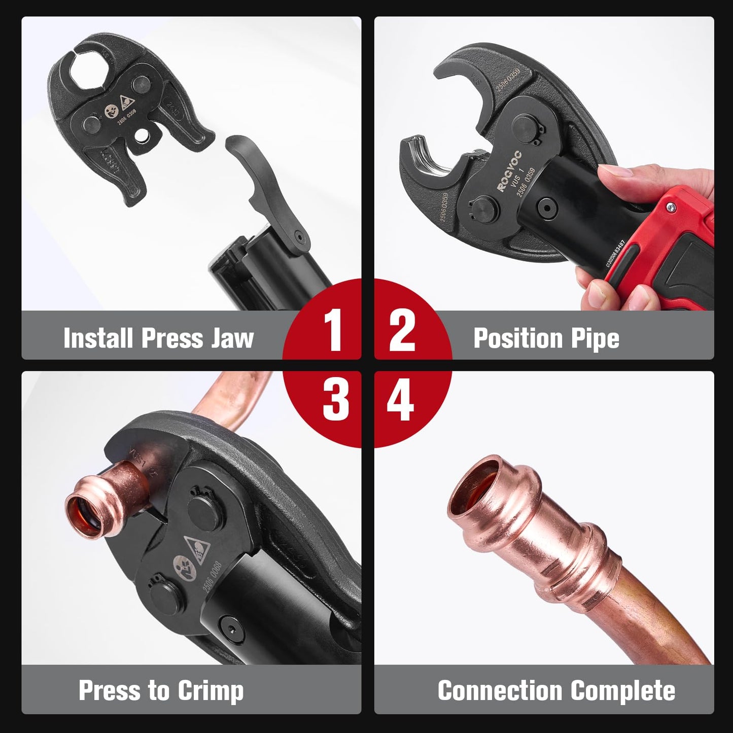 ROGVOC ProPress Tool for Copper Pipe, 18V Brushless Electric Crimping Tool Kit for 1/2, 3/4, 1 Inch Pro Press Fittings with 3 Press Jaws, 2-Pack 2Ah Batteries, Fast Charger, Carrying Case