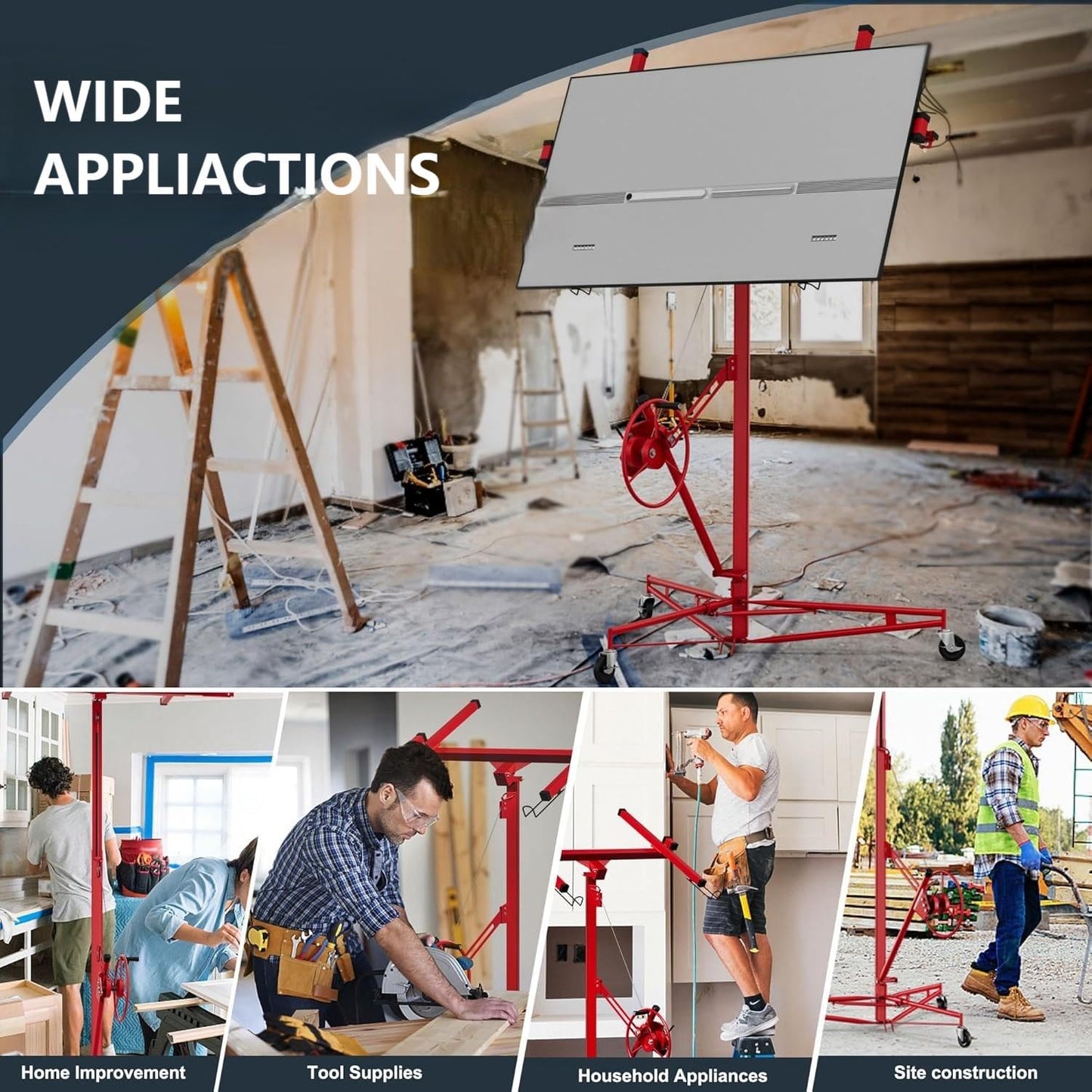 Drywall Lift 16 ft, Heavy Duty Sheetrock Lift 150LBS, Drywall Lifter Rolling Lifter Panel, 360° Adjustable Telescopic Arm & 3 Lockable Wheels Hoist Jack, for Ceiling and Wall Installation