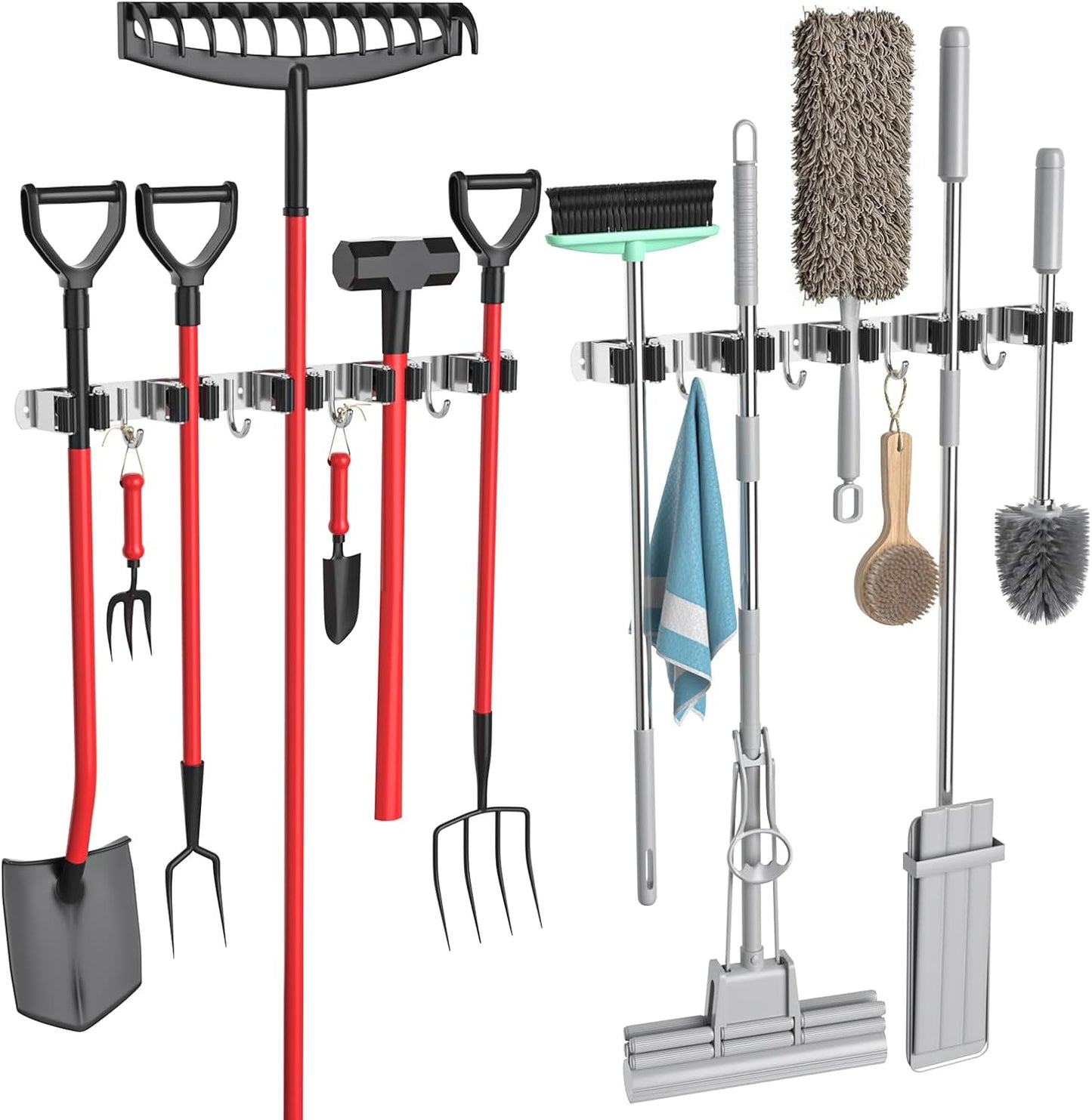 Skiennix Broom Holder - Heavy-Duty Wall Mount Organizer with 5 Racks & 4 Hooks for Kitchen & Garage