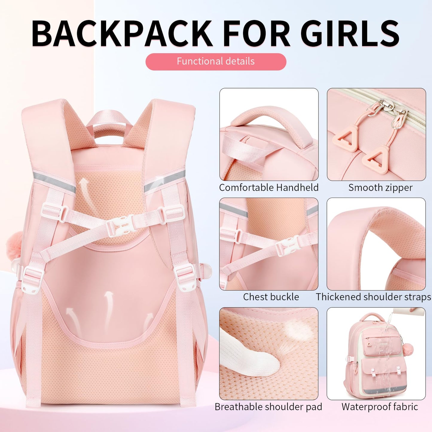 CYOQX School Backpack for Girls Cute Backpack Elementary Middle School High School Teenage Girls Schoolbag (Pink)