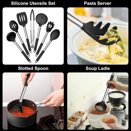 E-far Silicone Cooking Utensils Set - 7 Heat Resistant Kitchen Tools with Stainless Steel Handles | Black