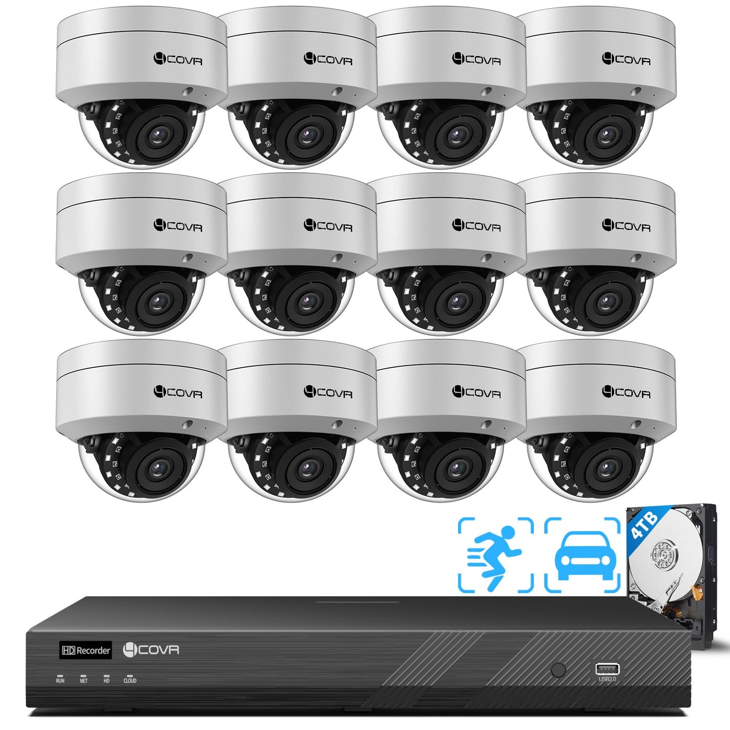 4COVR 12MP 16 Channel PoE Security Camera System, Human/Vehicle Detection, 12Pcs IK10 Vandal-Proof 12MP Wired Commercial Dome IP Camera IP67, 16CH NVR 4TB, Business Surveillance Outdoor, LY54AXAM1612