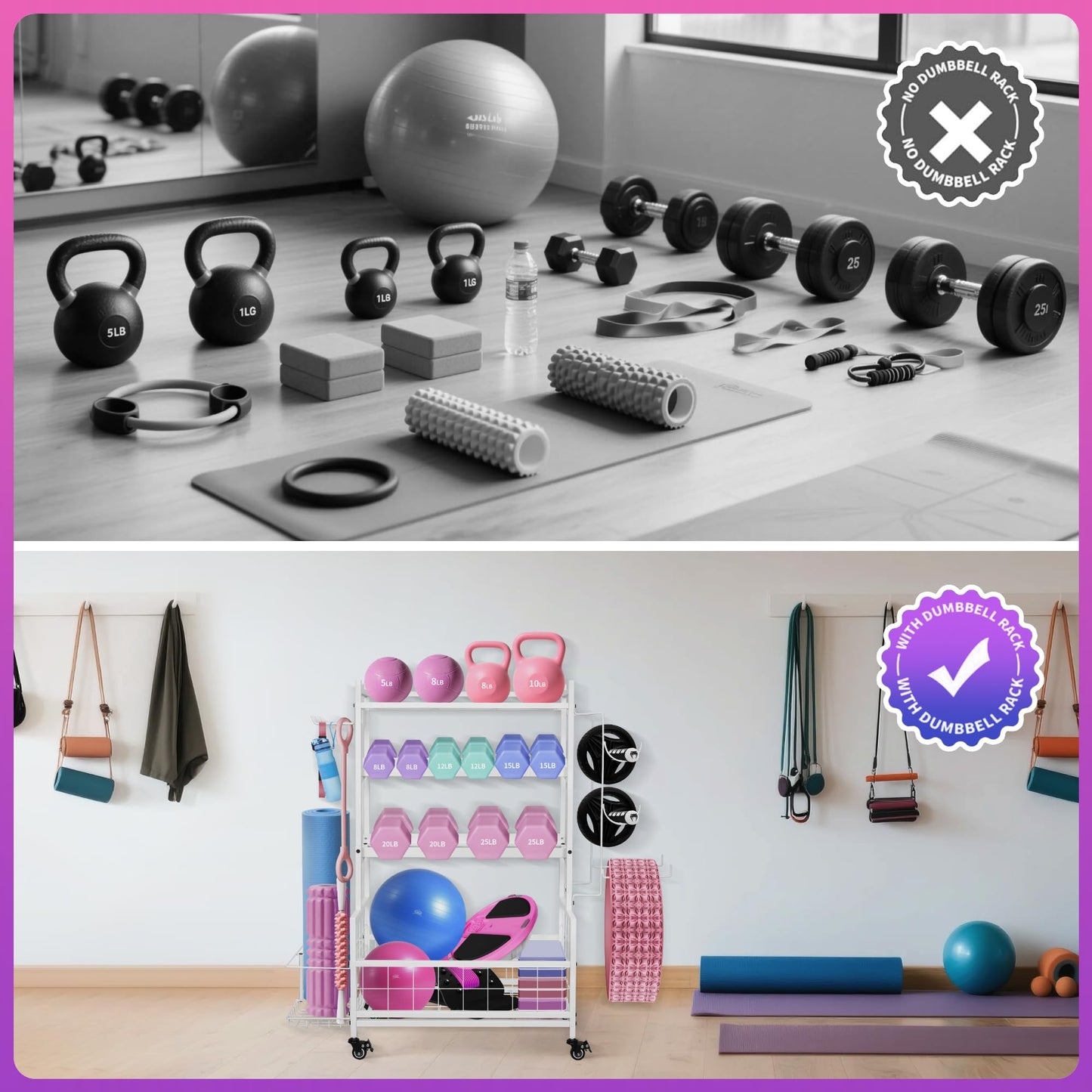 Rumizira Dumbbell Rack, Weight Rack for Home Gym Dumbbells, Adjustable Barbell Rack for Kettlebells Yoga Mat & Balls, Sports Equipment Organizer Storage Rack with Wheels for All in One Workout,White