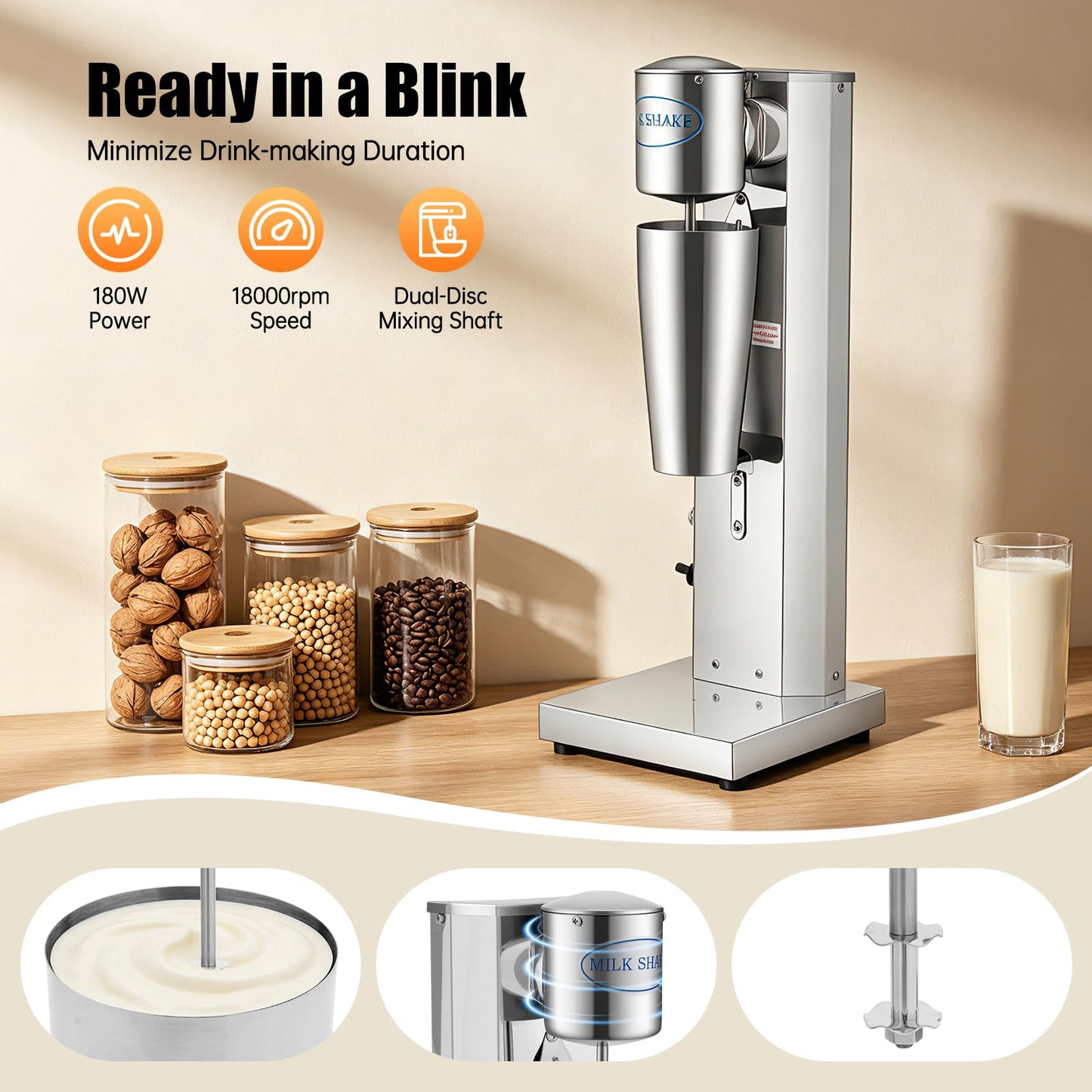 Electric Milkshake Maker Machine, 180W 2-Speed Milk Shake Mixer Machine with 22oz Stainless Steel Mixing Cup, Commercial Milkshake Blender & Drink Mixer for Home or Business(Silver)