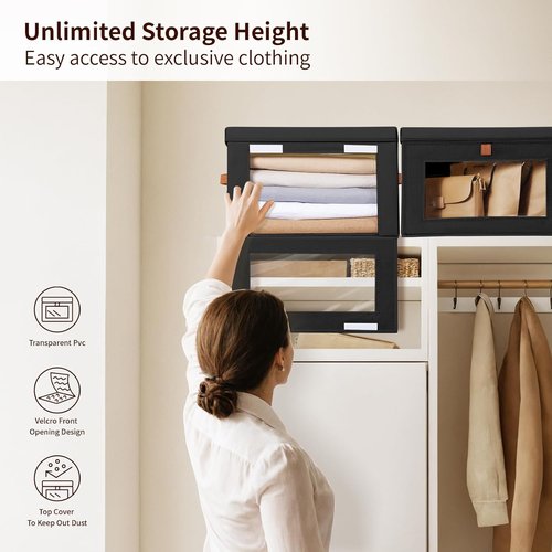 Homsorout Collapsible Storage Bins - Large Stackable Organizer Bins with Handles & Window | 2 Pack, Black