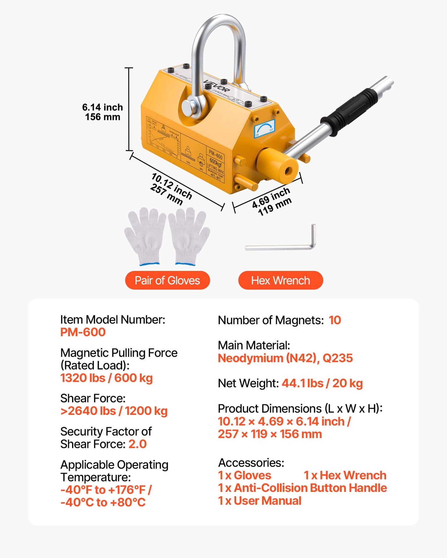 VEVOR Permanent Magnetic Lifter, 1320 lbs Pulling Capacity, Heavy Duty N42 Neodymium Lifting Magnet with Release Handle and Steel Hook, Used in Shop Crane and Hoist, for Lifting Plate Steel, Board