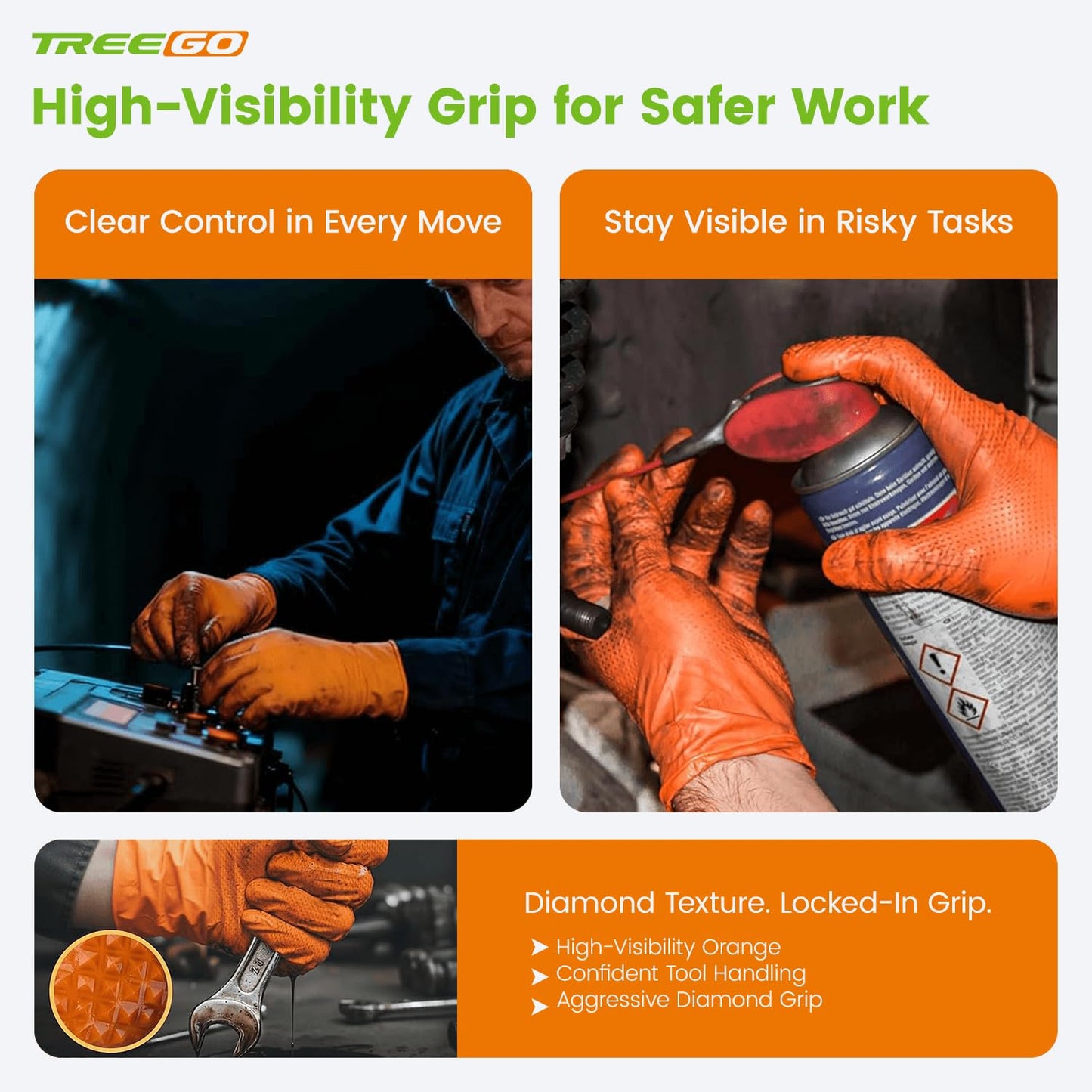 TREEGO Orange Nitrile Gloves 10 Mil Heavy Duty Disposable Latex Free Gloves – Diamond Grip Mechanic Gloves for Automotive Construction Work, Medium, 1000 Count Case