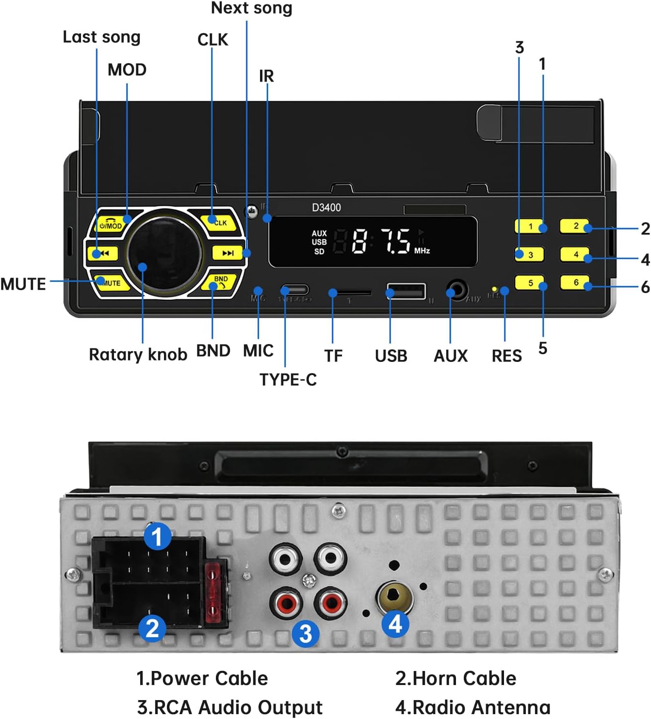 ePathChina MP3/SD/TF/AUX/USB/Remote/Type-C Car Audio Stereo, Single Din, Bluetooth, No CD DVD Player, FM Radio