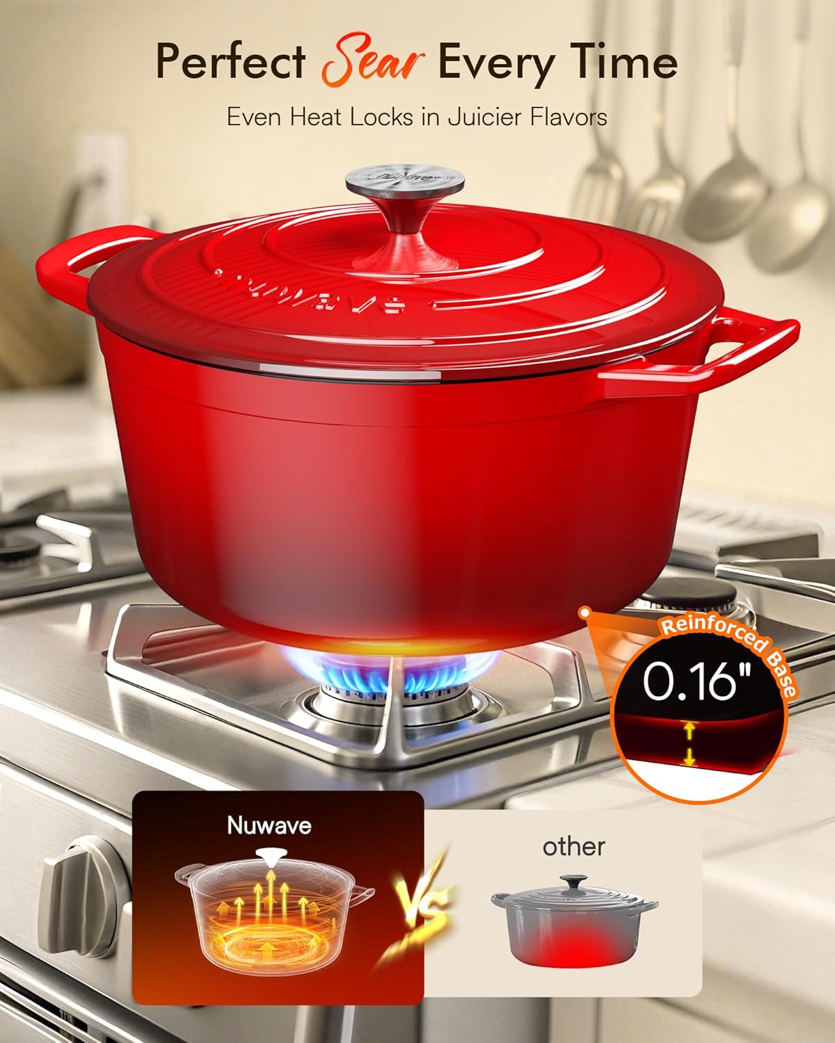 Nuwave 6QT Enameled Cast Iron Dutch Oven - Heavy Duty, Dual Handles, Oven Safe to 500°F for Baking & Roasting