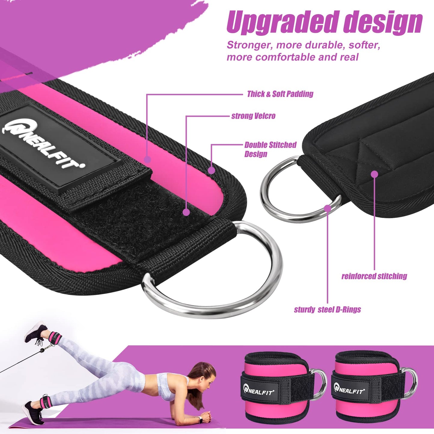 NEALFIT Ankle Strap for Cable Machine, Gym Ankle Cuff for Kickbacks, Leg Extensions, Glute Workouts, Booty Hip Abductors Exercise for Women and Men (Single, Pink)