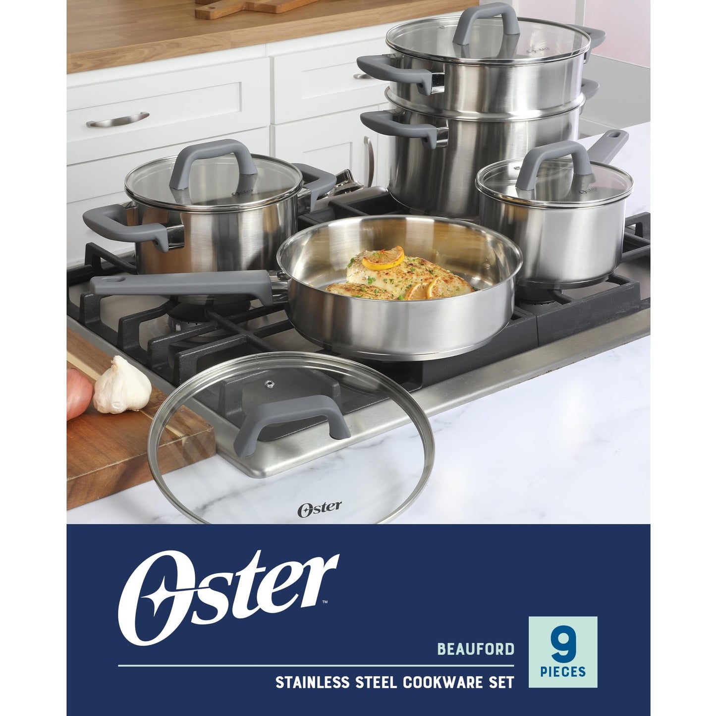 Oster Beauford 9-Piece Stainless Steel 5-Ply Encapsulated Base Cookware Set – Non-Toxic, Induction Compatible Pots and Pans with Stay-Cool Handles – Dishwasher Safe