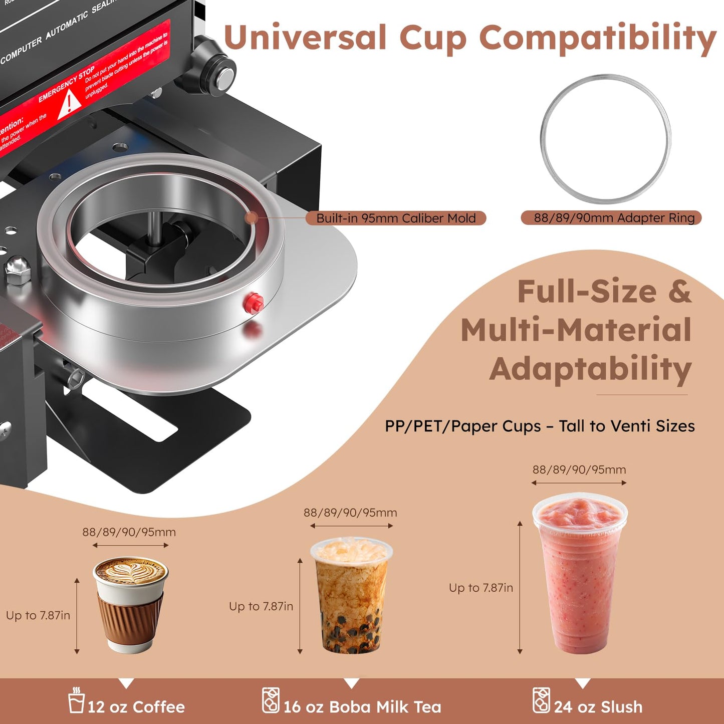 BriSunshine Cup Sealing Machine, Full Automatic Cup Sealer, 88/89/90/95 mm Electric Boba Machine, 600 Cups/H, Plastic & Paper Cups for Bubble Boba Tea Coffee Juice (Sealing Film Excluded)