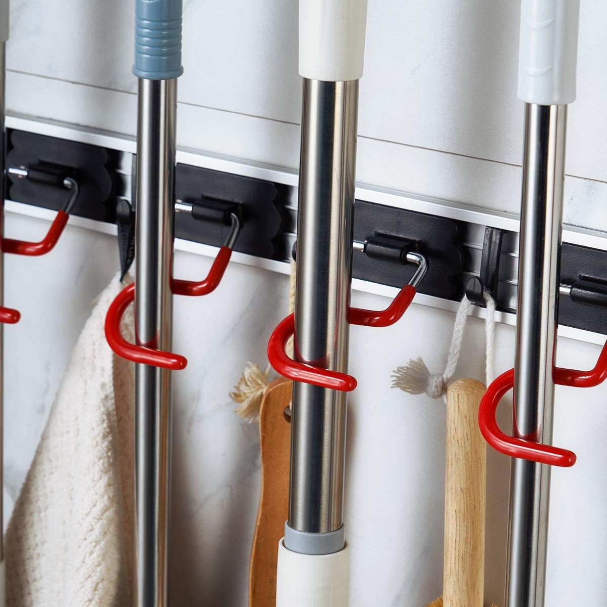 Skiennix Wall Mounted Mop and Broom Holder - Stainless Steel S-Type Organizer | 17-Inch, 4 Positions, 3 Hooks, Red/Black