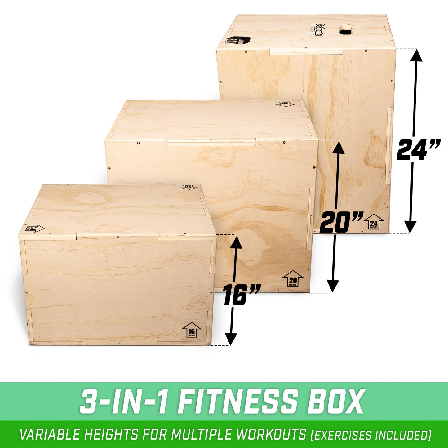 GoSports Fitness Launch Box 3-in-1 Adjustable Height Wood Plyo Jump Box for Exercises of All Skill Levels