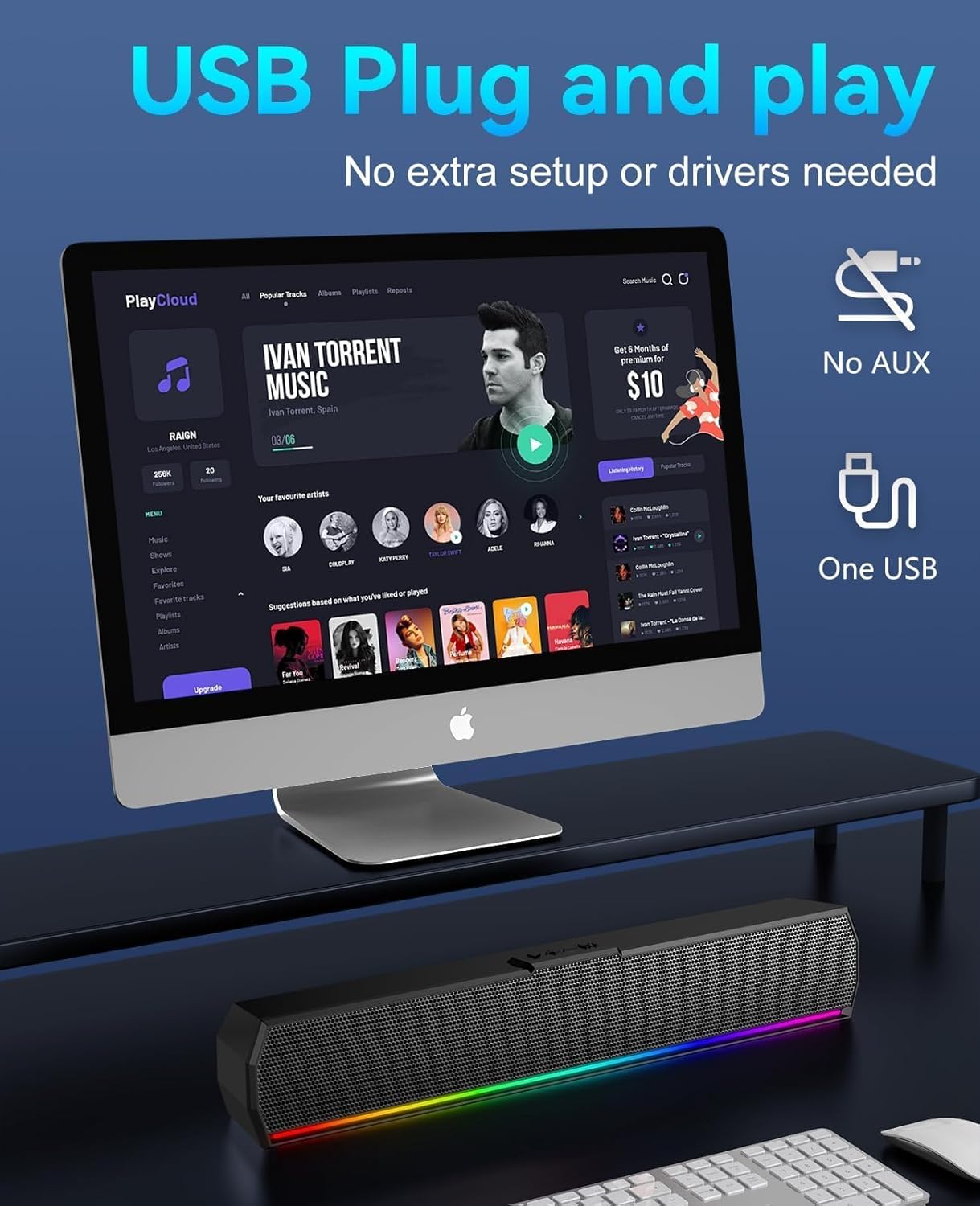 Kunodi USB Computer Speakers for Desktop Monitor, PC Speakers with Stereo Sound, Colorful Light Modes, Plug & Play, USB