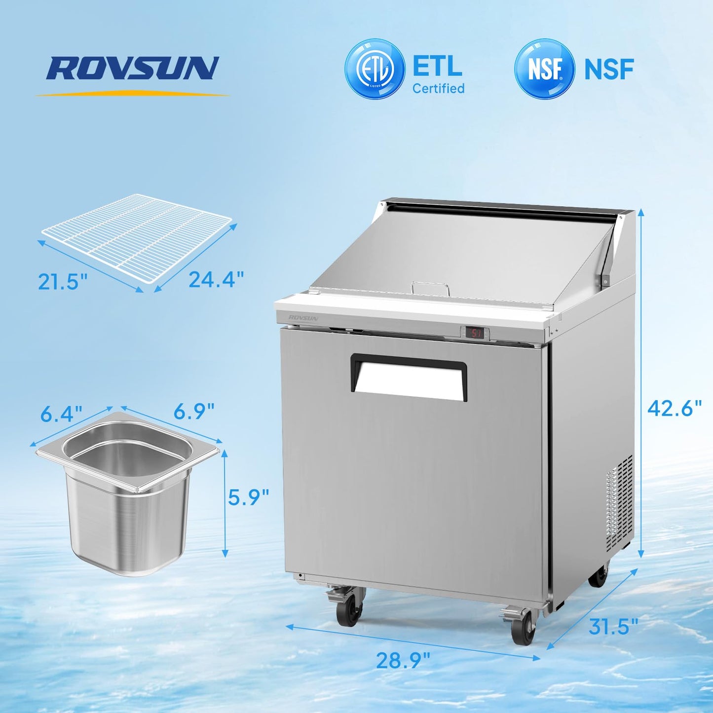 ROVSUN 29" W Sandwich Salad Prep Table Refrigerator ETL NSF, 7.6 Cu.Ft Commercial Refrigerator Salad Bar Stainless Steel w/12 Pans Cutting Board Lockable Wheels Front Door for Restaurant