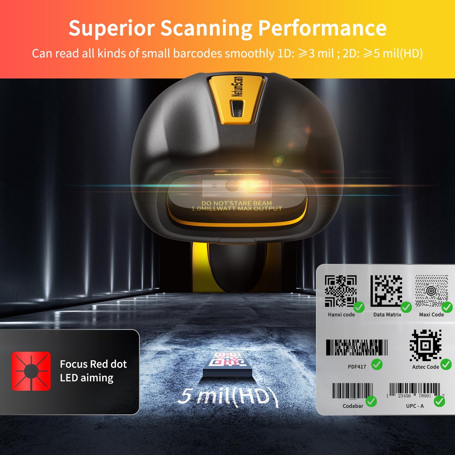 NetumScan Industrial Bluetooth QR Barcode Scanner, IP67 Waterproof & 7M Drop Proof, 1.3M CMOS Sensor Wireless 1D 2D Bar Code Scanner with Charging Stand for Store, POS, Computer, iPhone, Android