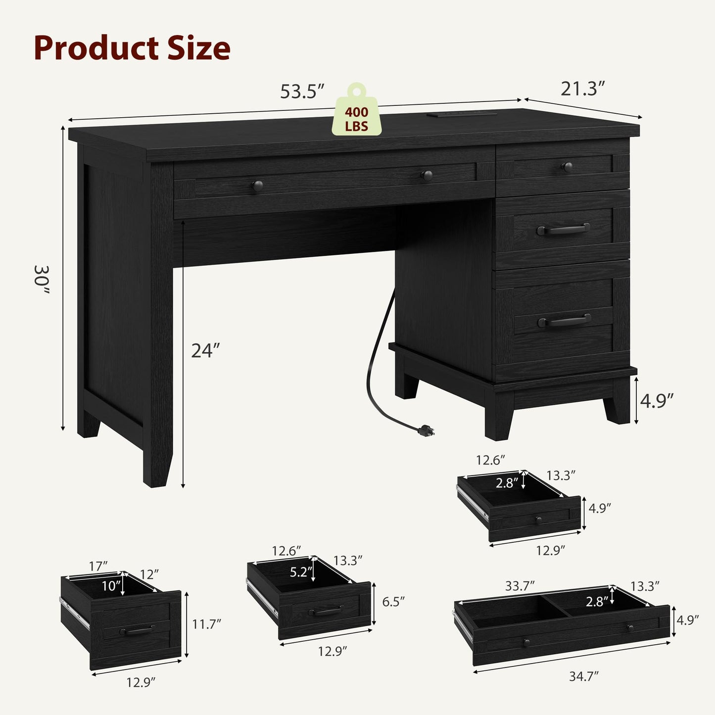 GarveeHome Farmhouse Executive Desk with Drawers, 53.54 in Home Office Desk with Charging Station, Wooden Computer Desk with File Cabinet Storage for Work Study Writing, Rustic Black