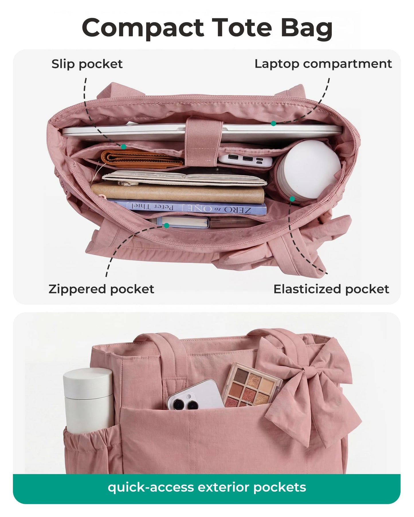 BAGAMSRT Crush Bow Tote Bag for Women, Large Work Tote with 40oz Tumbler, Puffer Travel Tote Bag for Work