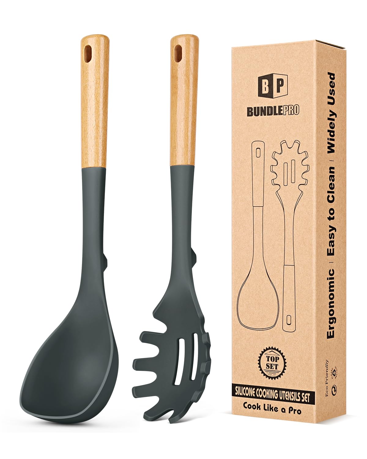 Silicone Soup Ladle and Spaghetti Spoon Set with Wooden Handle, Non Stick Heat Resistant Kitchen Utensils for Cooking, Stirring, Serving Pasta, Soup & Sauce(GRAY)