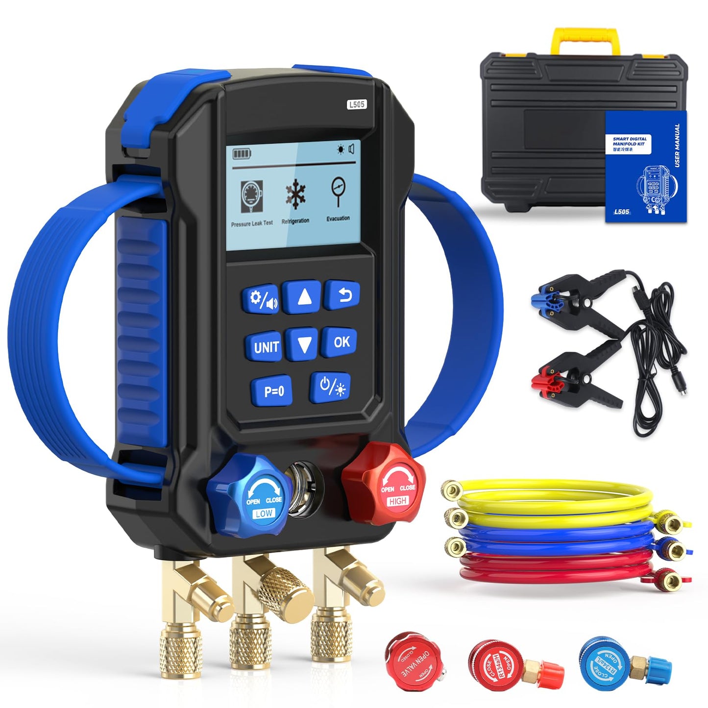 R454B R134A Digital Manifold HVAC Gauge Set,95 Refrigerants Dual Pressure&Temp Test with Temperature Clips and Hoses Vacuum AC Gauges for R1234YF R134A R404A R410A R32