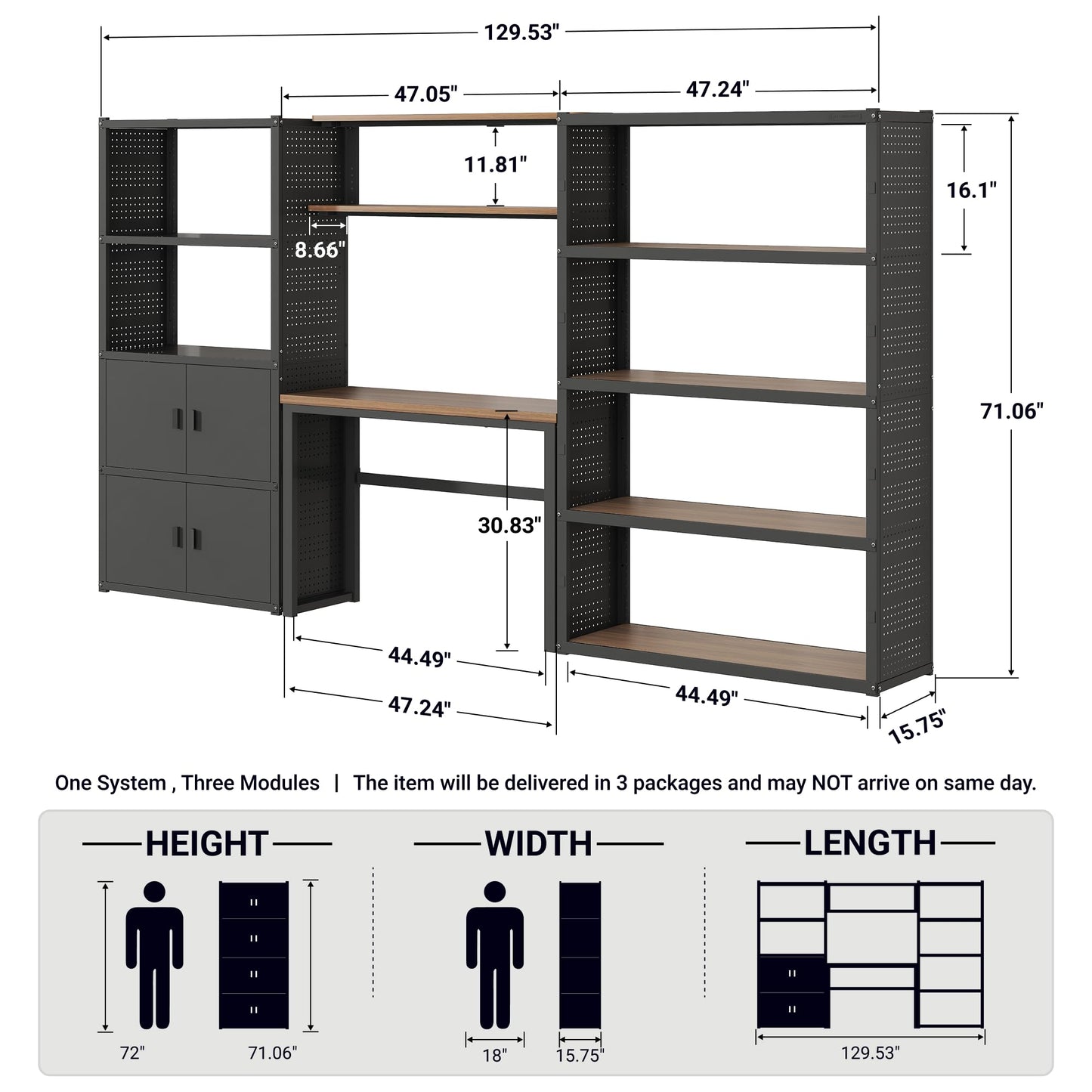 FLEXIMOUNTS Garage Storage Cabinet System, 3-in-1 Modular Metal Tool Cabinet w/ Workbench and Particle Board Shelf Includes Pegboard, 24-Gauge Steel, 129"(L) w/ 2 Doors, Black, FLEXIMOD Series