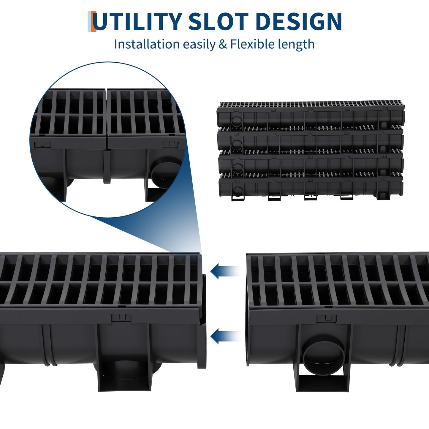 5 Pack 39.4" Trench Drain System,5.9x5.1 Inch HDPE Channel Drain with Plastic Grates & End Caps, for Garage, Garden, Patio & Driveway Drainage (Black)