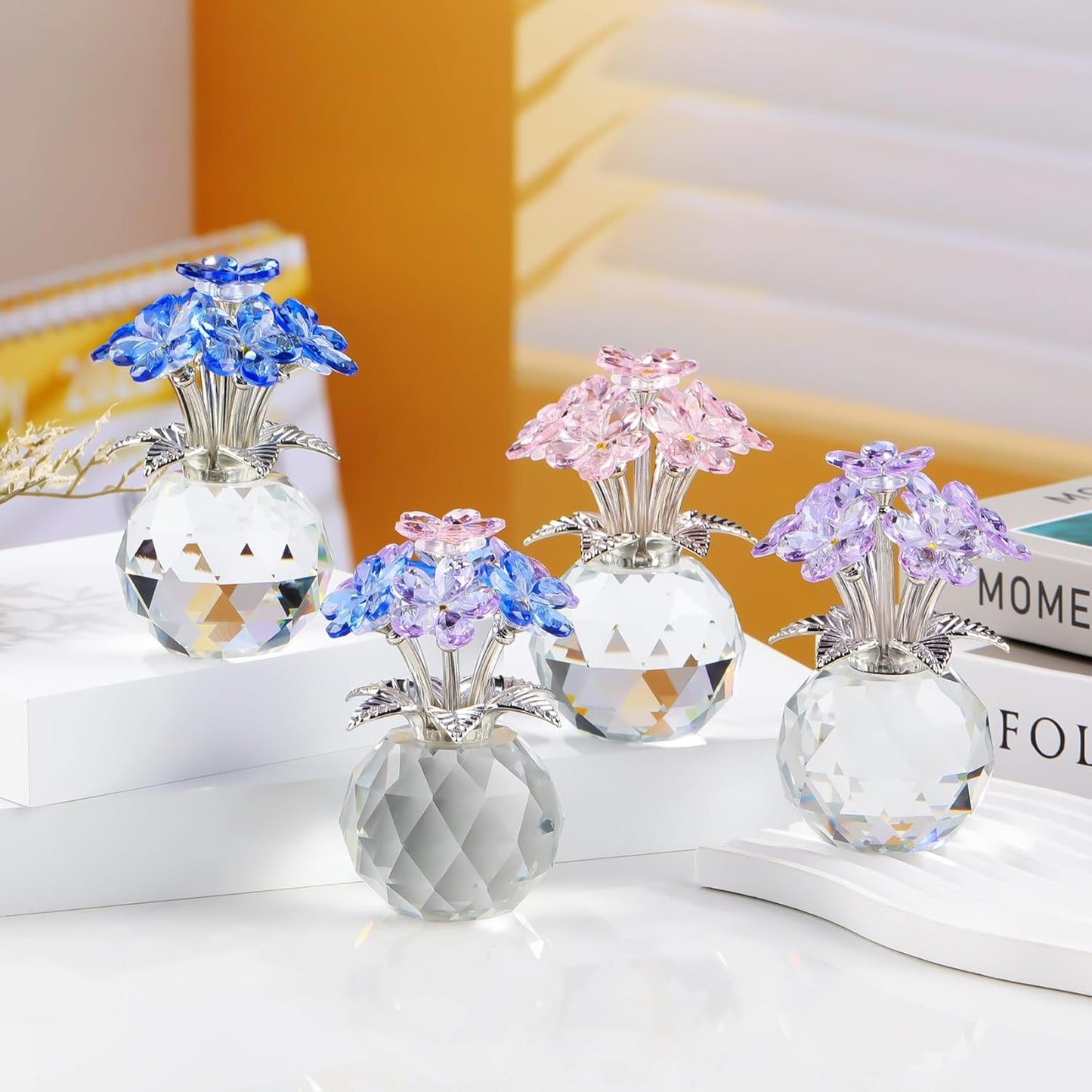 YWHL Blue Crystal Forget-Me-Not Flowers | Handmade Glass Flower Bouquet Figurine for Tabletop Decor