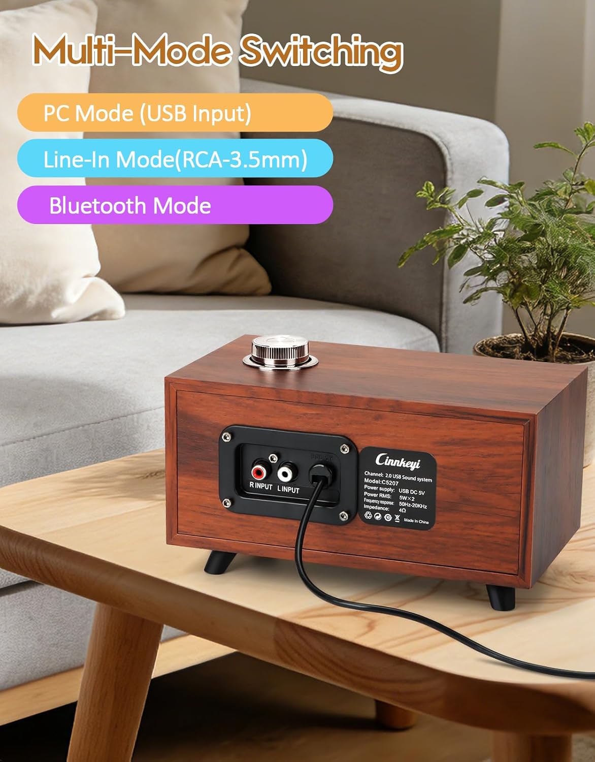 cinnkeyi 3 3.5mm/USB Wooden PC Soundbar Computer Speakers PC Speakers USB Powered | PC| Line-In | Bluetooth Modes