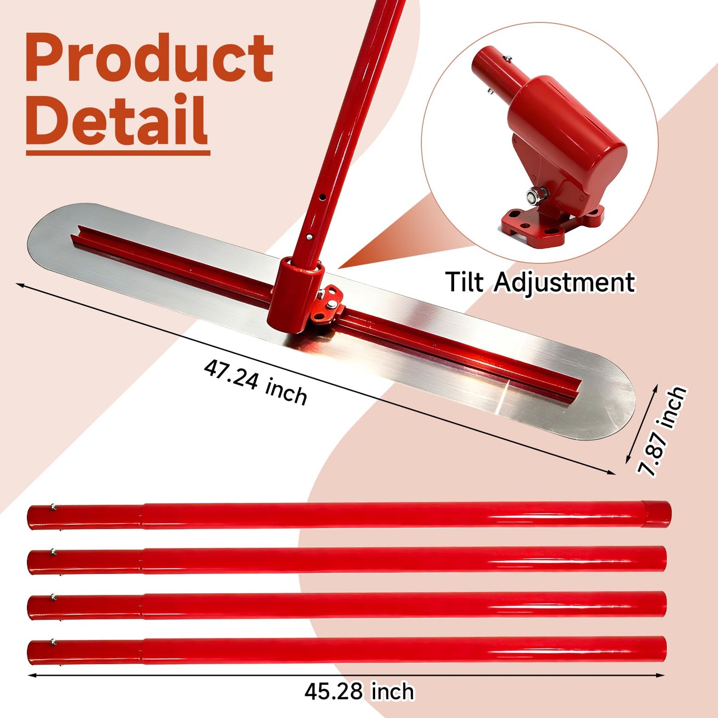 Concrete Bull Float Tool Kit, 48"x8" Round End Aluminum Magnesium Alloy Cement Trowel Board with Adjustable Bracket, 45" Extendable Handles x4 for Screeding and Finishing