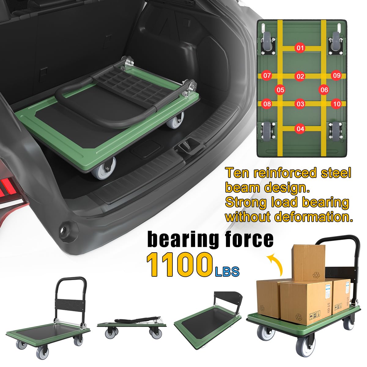 WUD Push Cart, Folding Mobile Platform Trolley,Thickened and Reinforced, 360° Swivel Wheels,35.4 “L x 23.6 ”W, 1100 lb. Green Dolly cart with Wheels