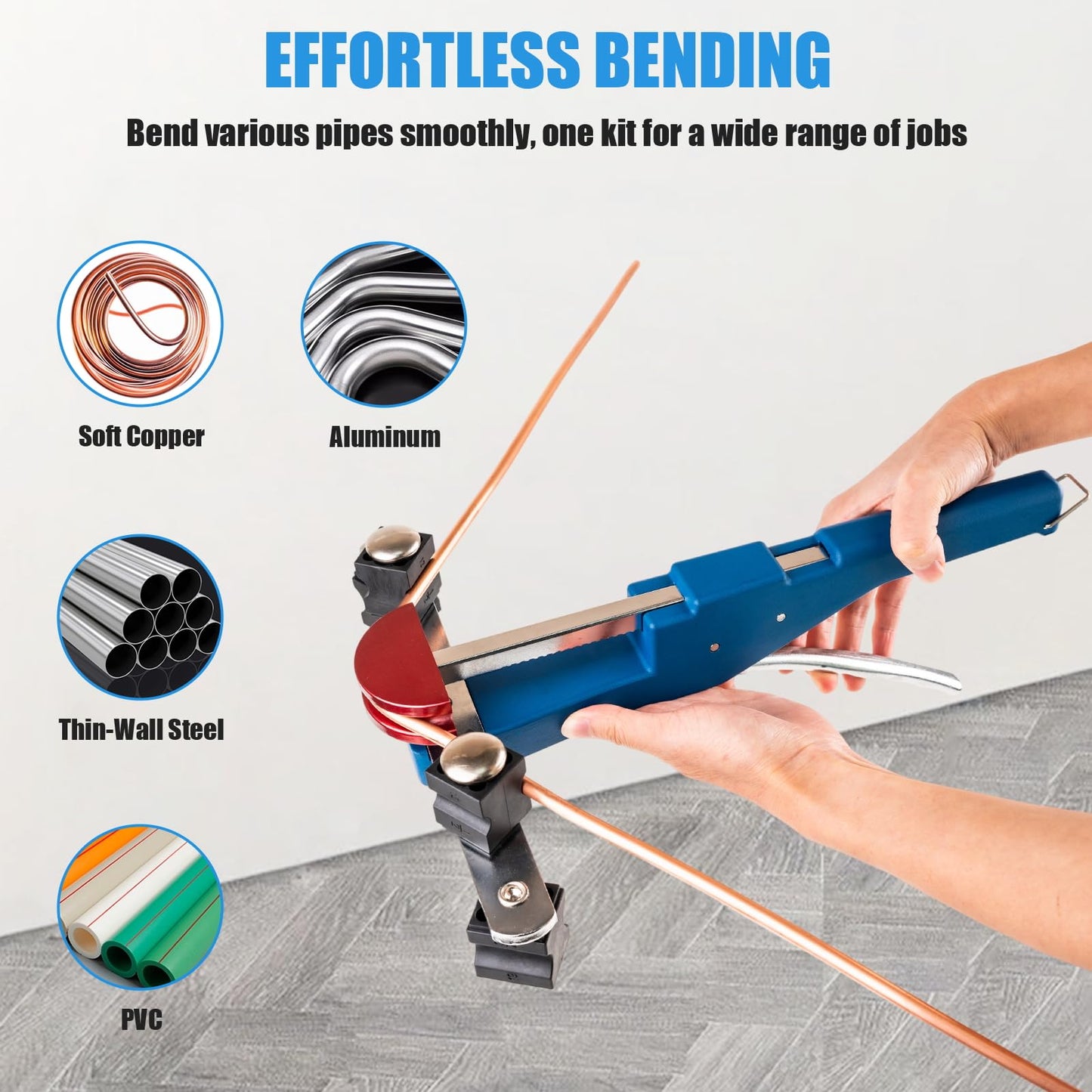 Beaiguna 15PCS Copper Pipe Bender Tool, Tubing Bender Hvac Tools Set for 1/4"-7/8" O.D. Pipes, 90° Forward/Reverse Pipe Tube Bender with 7 Heads, Upgraded Copper Benders Tool for Hvac Air Condition