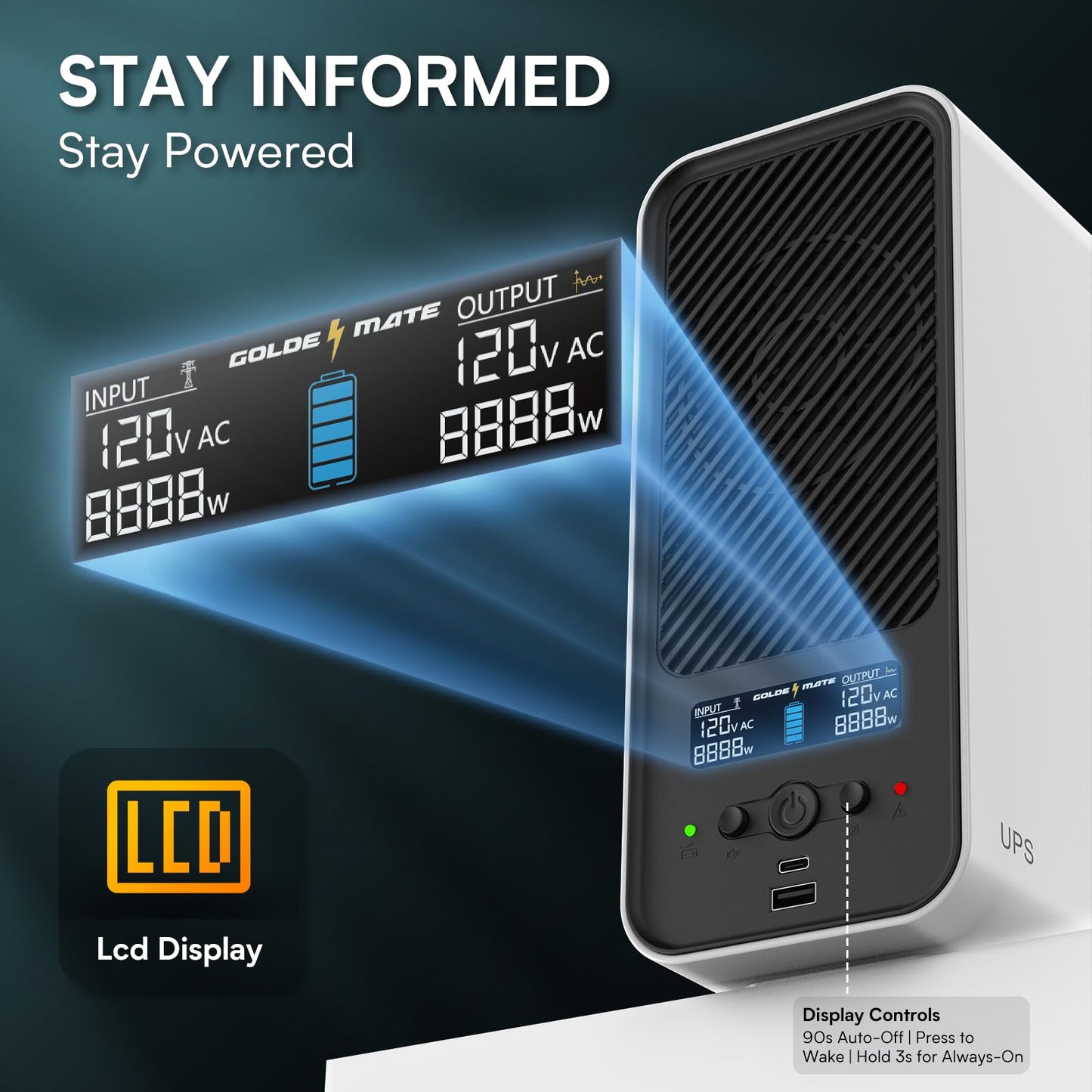 GOLDENMATE 1500VA/1000W Lithium UPS Battery Backup and Surge Protector, 230Wh LiFePO4 Battery Backup, Sinewave UPS with USB Communication Port, 8 Outlets & 2 USB Ports, LCD Display, White