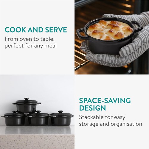 Navaris Mini Cocotte Casserole Dish Set - Oven-Proof with Lid - Easy Clean | 4 x 8 oz (237 ml) - Black