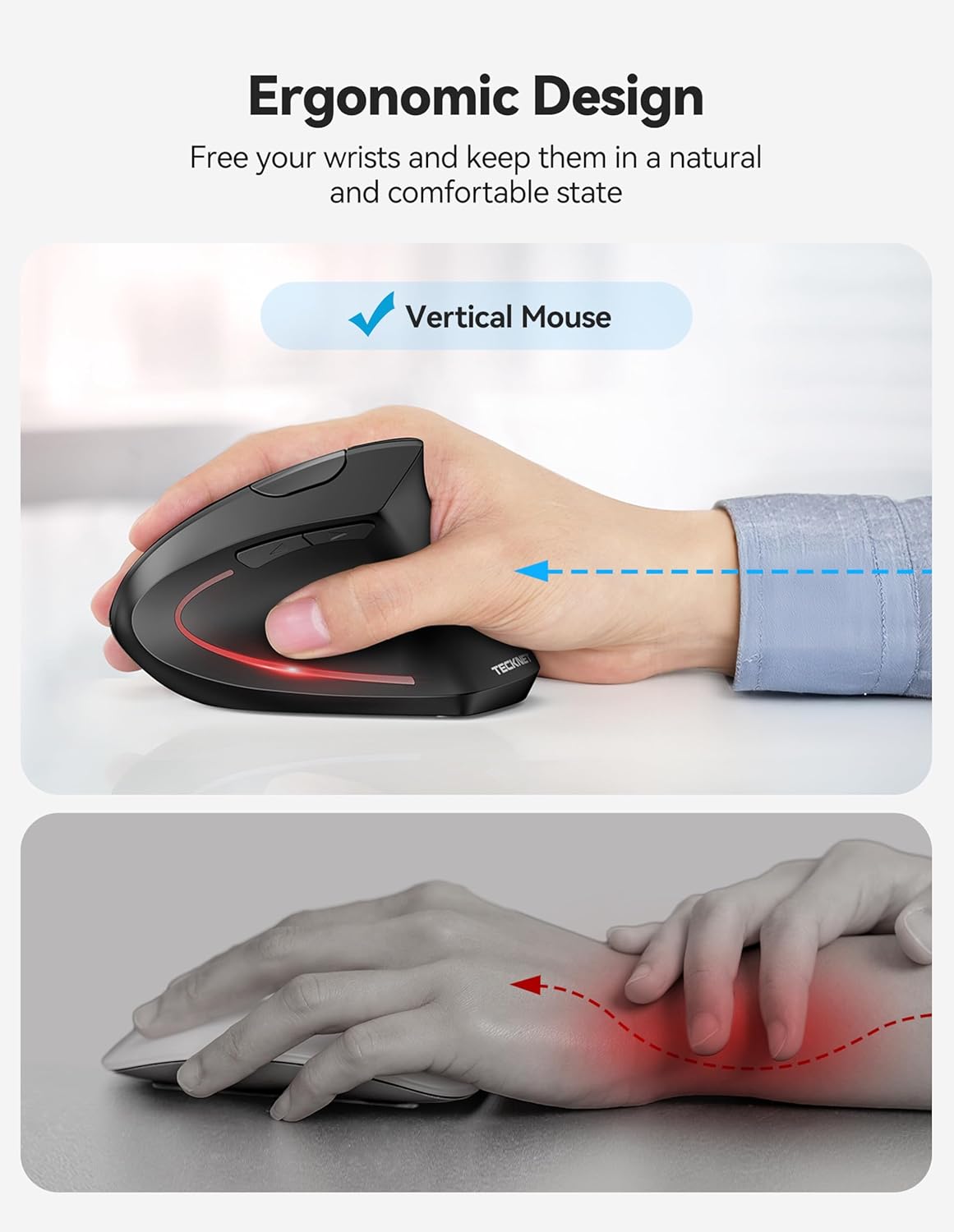 TECKNET 4800 6 Ergonomic Mouse Rechargeable Bluetooth - DPI Vertical Mice Adjustable Levels, Wireless Optical Carpal