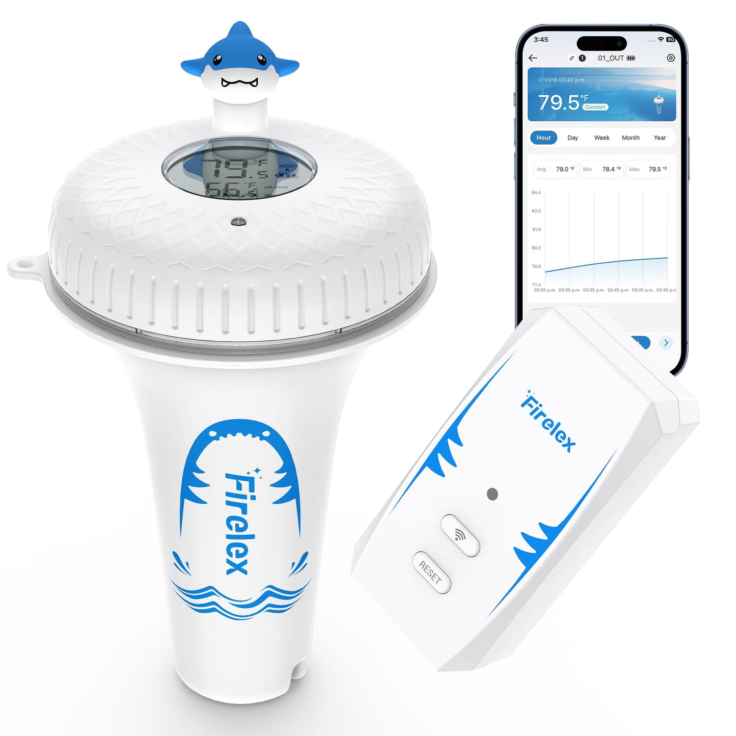 Firelex WiFi Pool Thermometer Wireless with App Remote, Easy Read Smart Thermometer Floating | Digital -40~158℉ Water Temperature Monitor IPX7 | Funny Shark for Swimming Pool, Hot Tub, Spa, Ice Bath