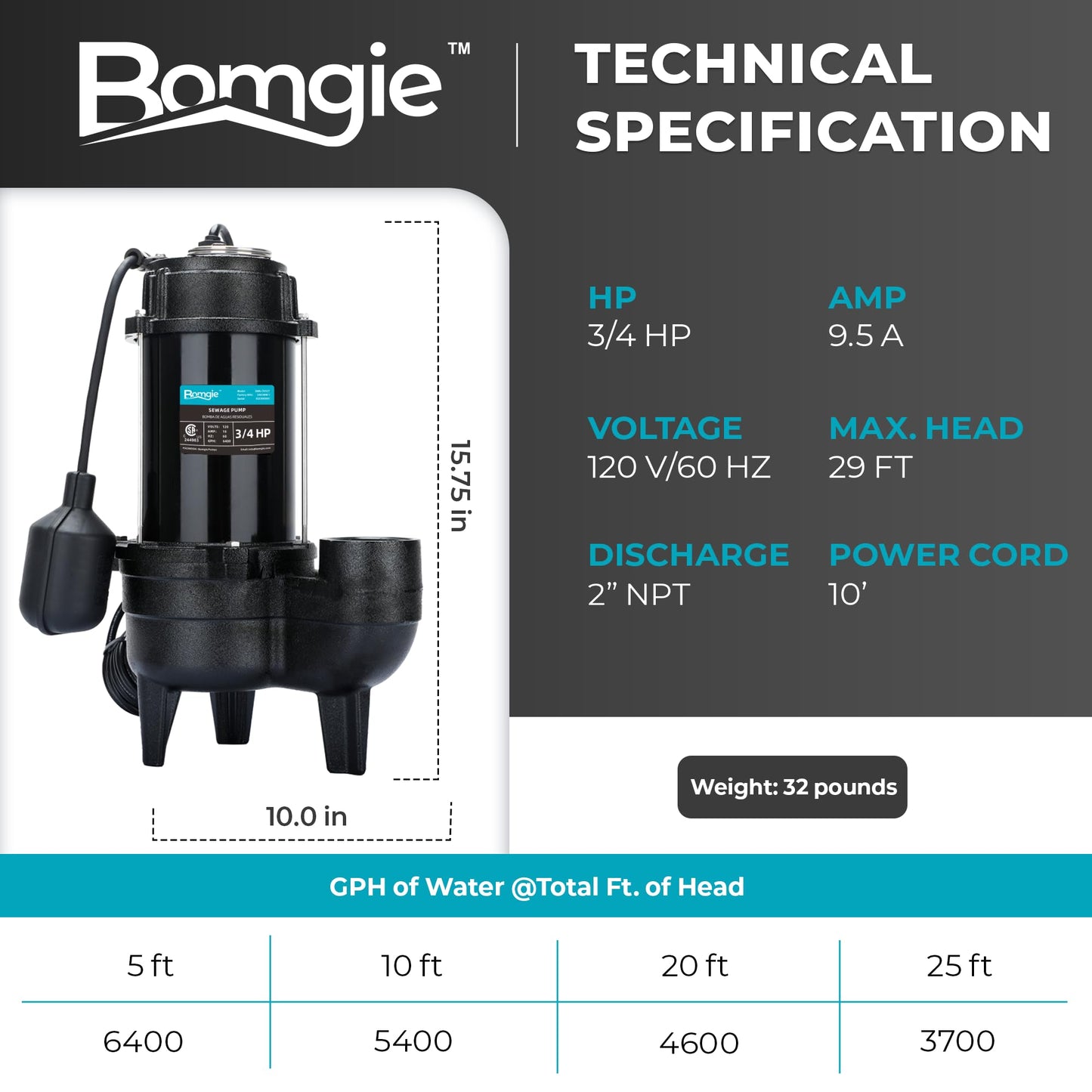BOMGIE Sewage Pump, Cast Iron Effluent Pump, Automatic Tethered Float Switch, Sewage Sump Pump for Sump Basin, Basement, Residential Sewage, 2'' NPT Discharge, Dark