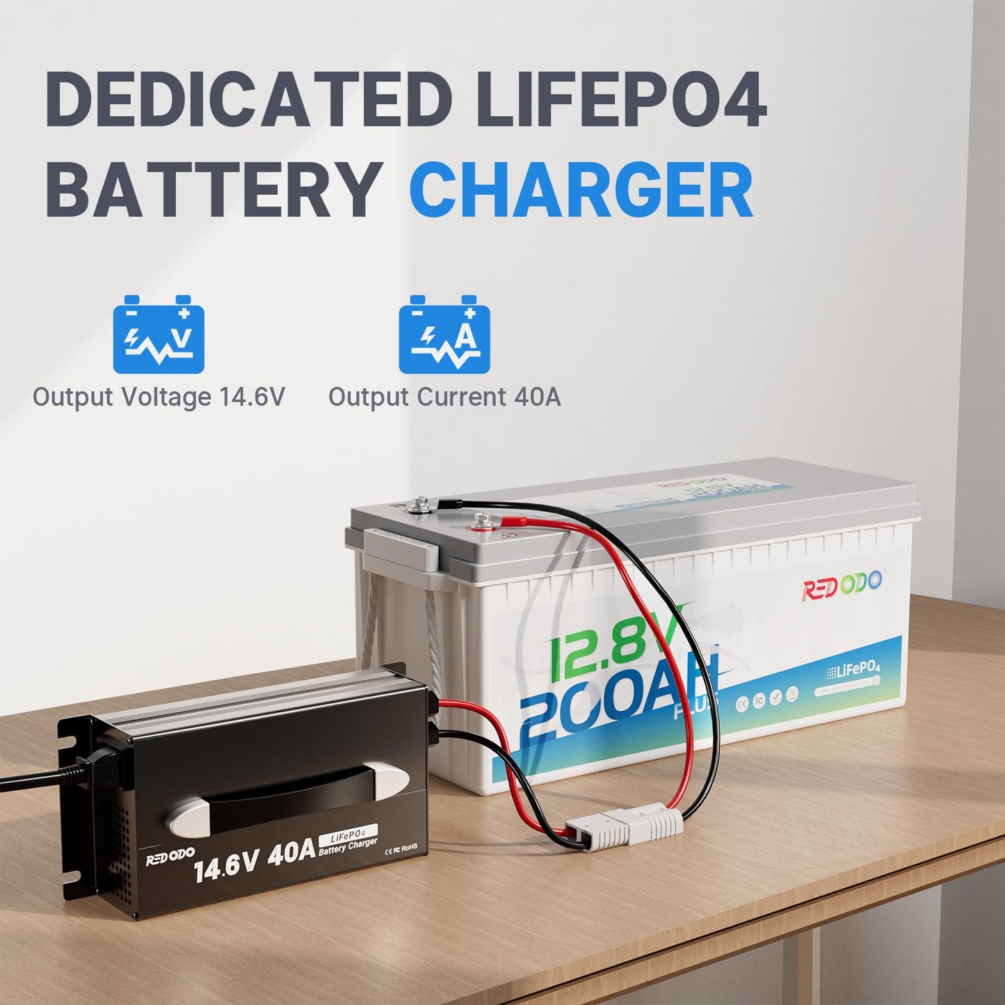 Redodo 14.6V 40A LiFePO4 Battery Charger, Dedicated Lithium Battery Charger,Upgraded Handle,Compact Durable Design with Full Protection, Perfect for 12V LiFePO4 Battery
