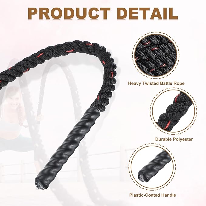 MECCANIXITY Battle Rope 10ft x 1 Inch Polyester Workout Rope Heavy Fitness Exercise Rope for Strength Training Home Gym Muscle Building, Black Red