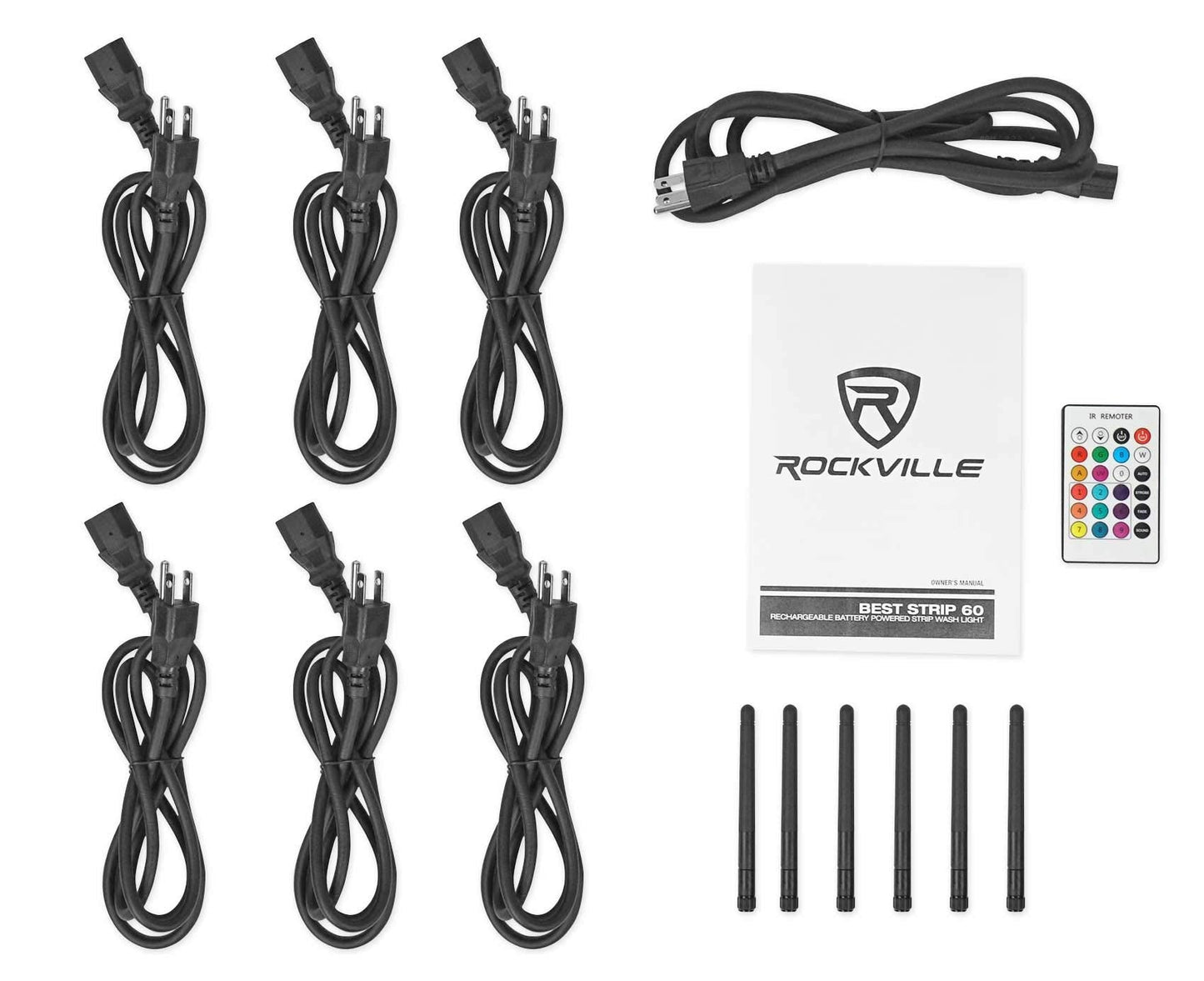 Rockville Best Strip 60 Pack Black 6 Battery-Powered 36W Each LED Strip Lights RGBWA+UV Wireless DMX Rechargeable Charging Case with Remotes Brackets and Cables for DJs and Event Lighting