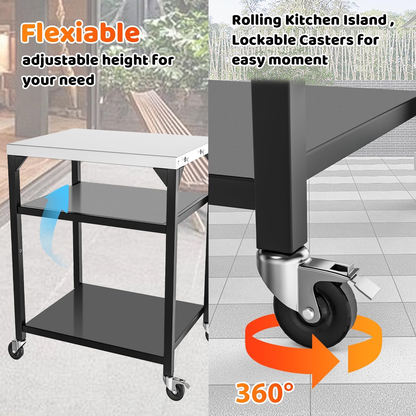 Pizza Oven Table for Ooni, Ninja, Woodfire, Blackstone, Bighorn, Cuisinart, Outdoor Grill Table for Ooni Pizza Oven Accessories, Movable Pizza Oven Stand as Food Prep Cart, Barbecue Tool Set