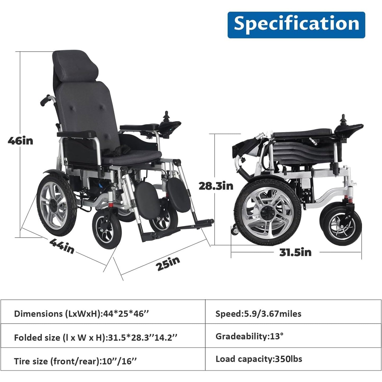 Reclining Foldable Electric Wheelchair for Adults,26 Miles Long Range Motorized Wheelchair for Seniors,Intelligent All Terrain Power Wheelchairs with Remote Control,Folding Compact Airline Approved