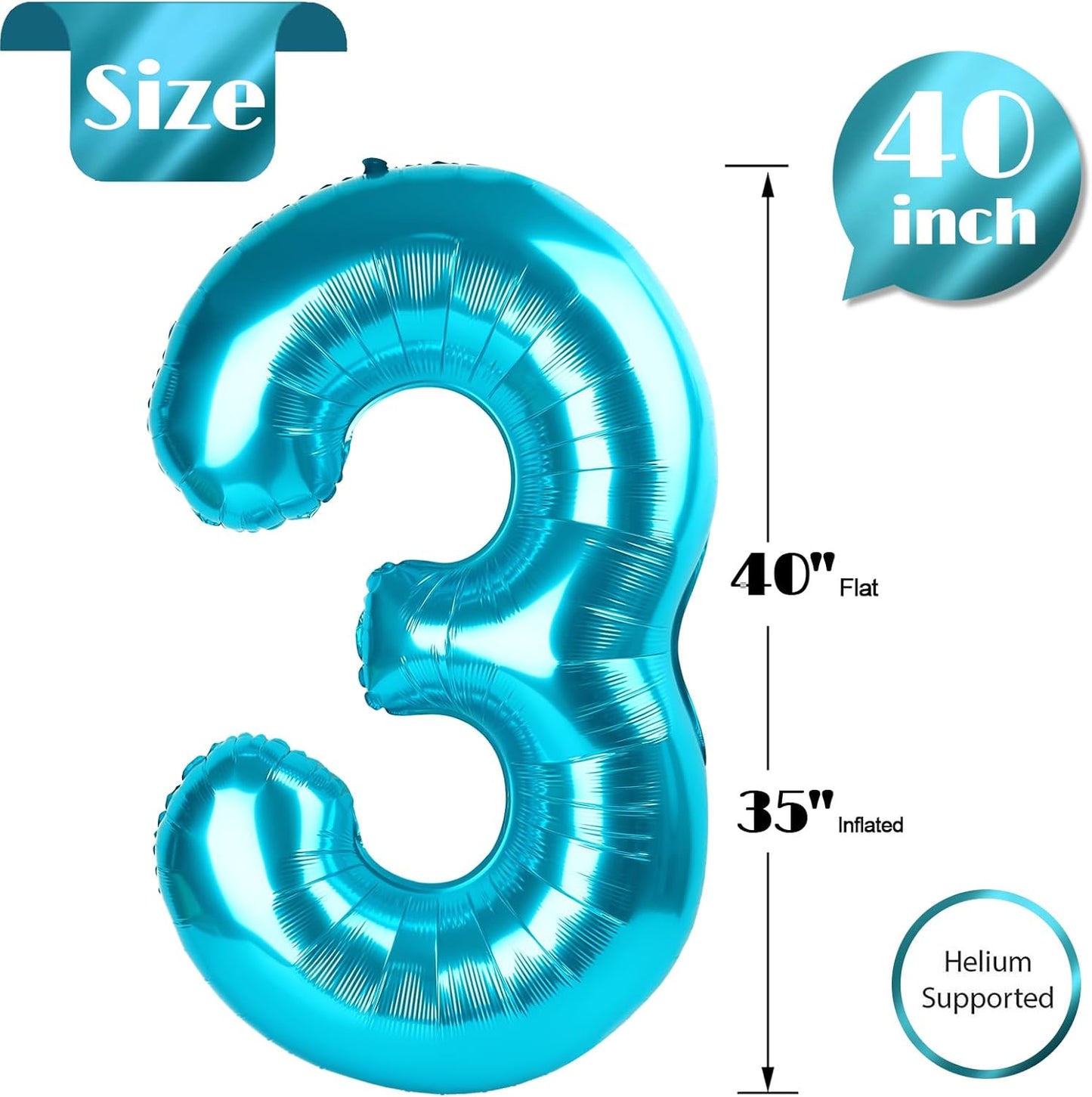Skiennix Blue Number Balloon - 40 Inch 3rd Birthday Decoration for Kids & Adults | Party Supplies