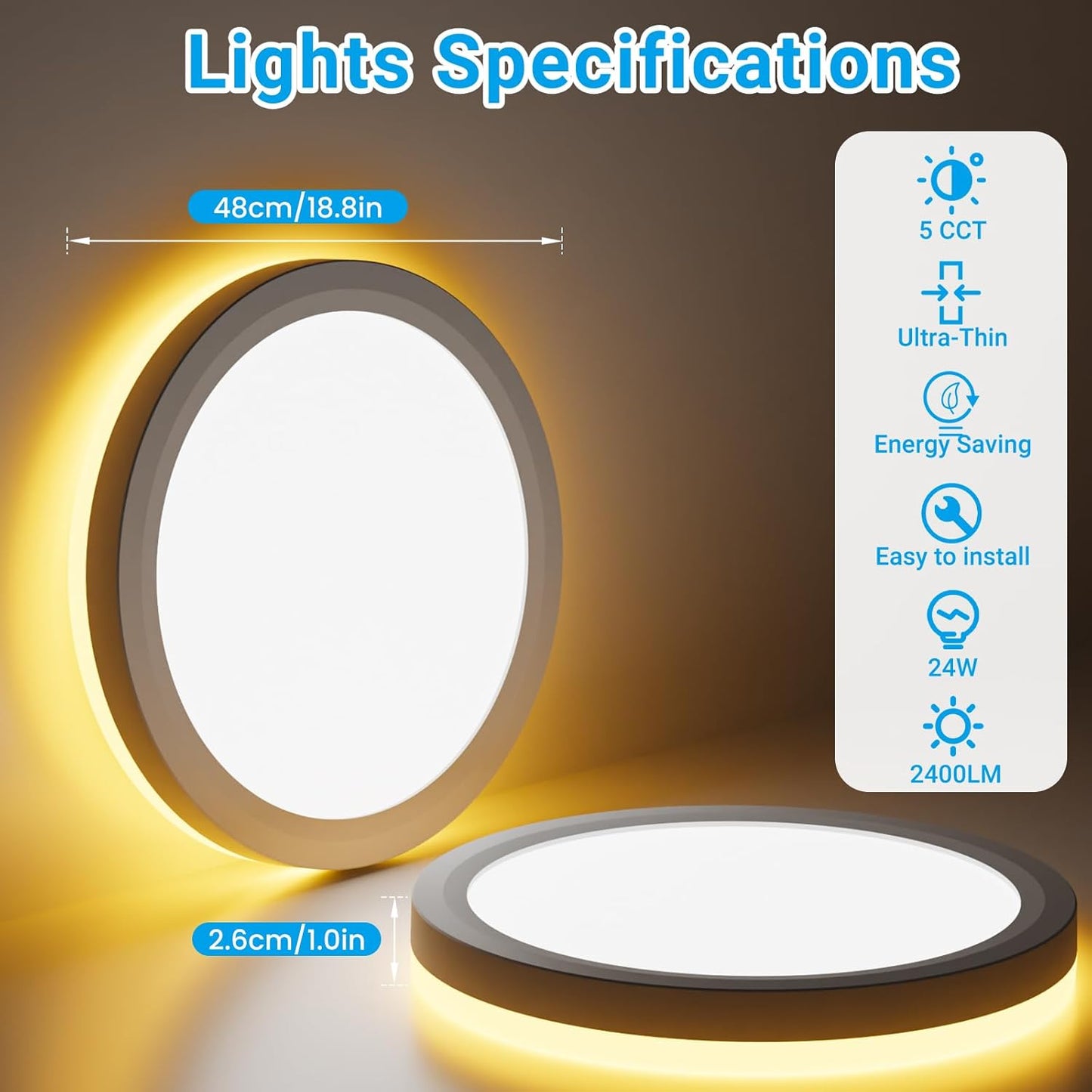 Skiennix 19-Inch LED Flush Mount Ceiling Light - 36W, 3960LM, Night Light Feature | Large Round White Fixture for Bedroom, Bathroom, Kitchen