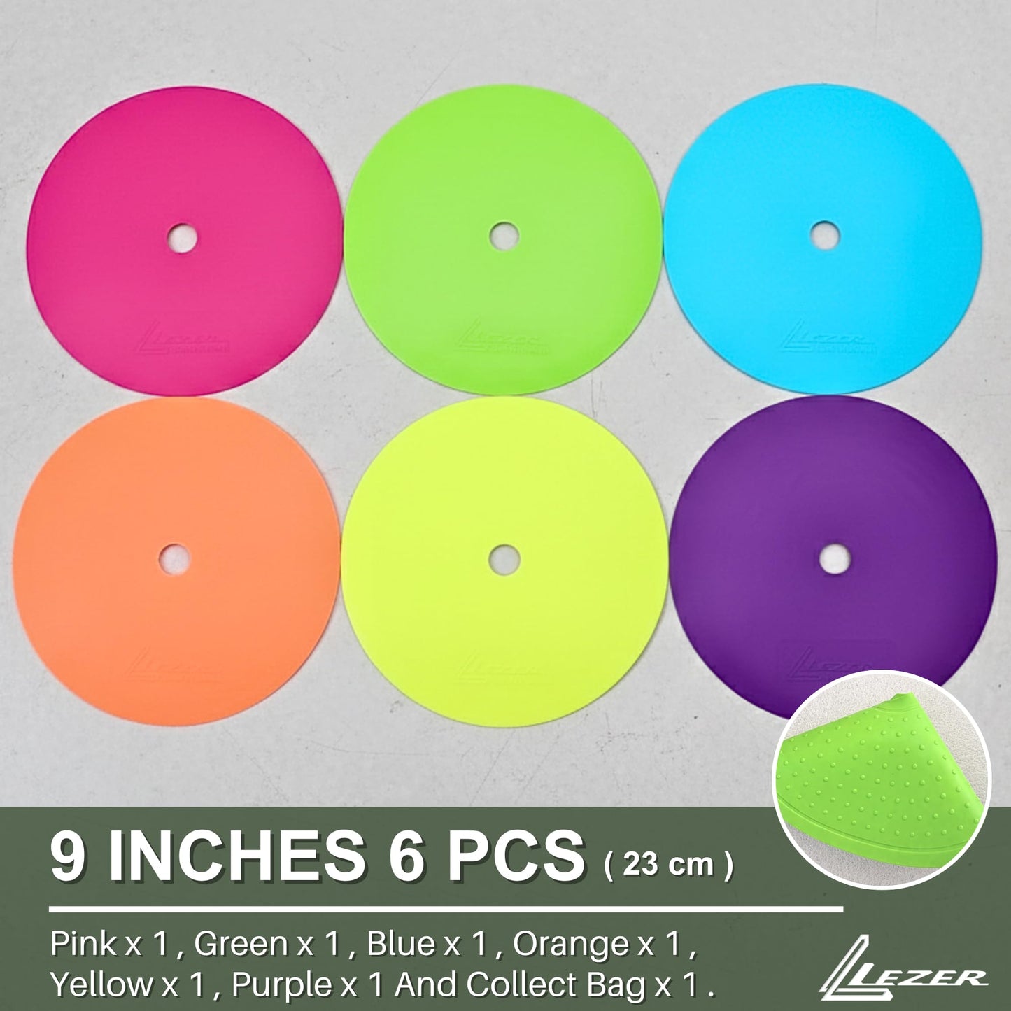 LEZER 9 Inch Flat Cones, Spot Markers, Soccer Cones, Field Court Markers, Sit Spots, Flat Discs, Soccer Training Equipment, Agility Practice, Football, Made in Taiwan, Set of 6