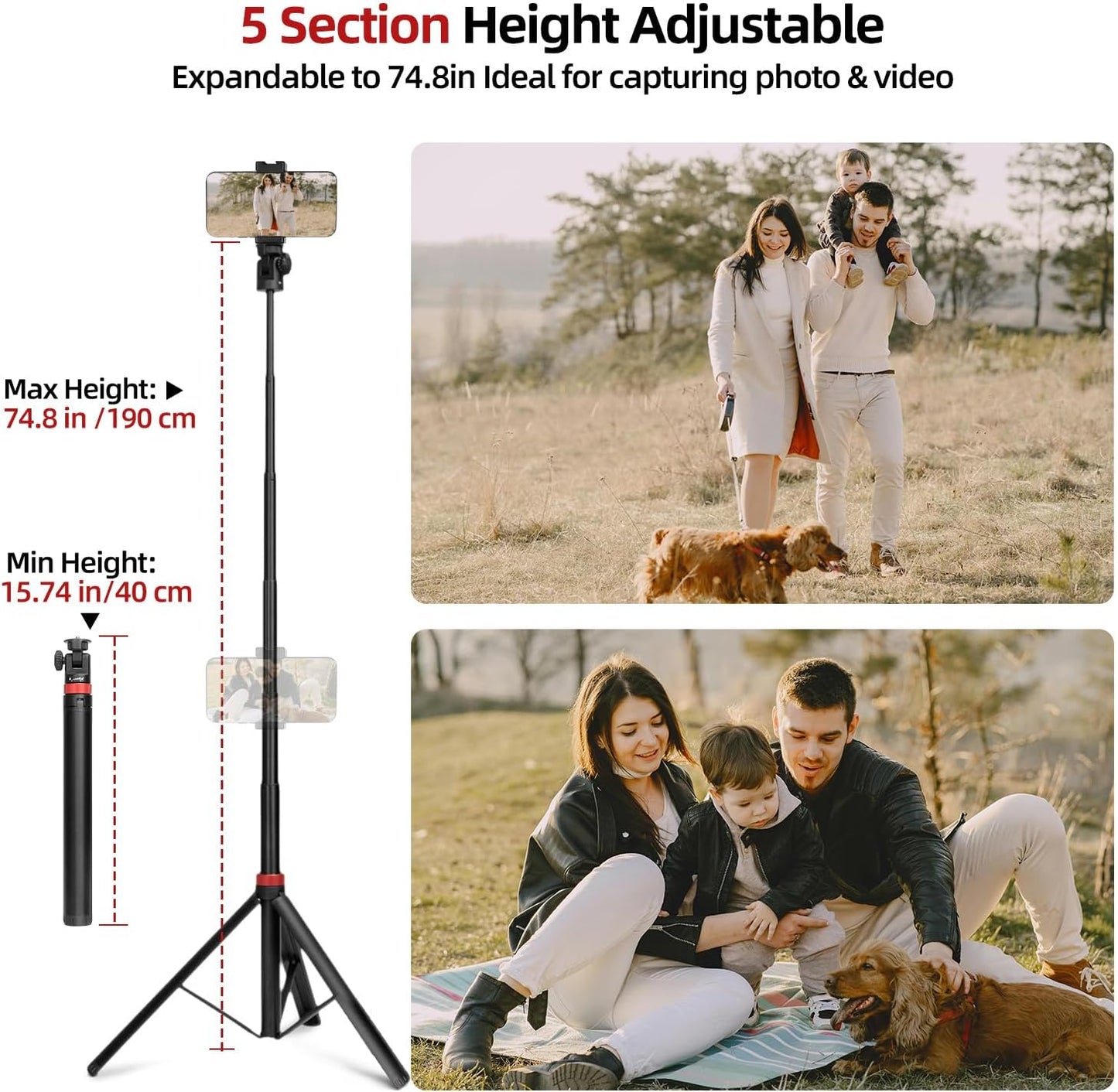 JEBUTU 1/4" Extendable Tripod Aluminum, Portable Adjustable Light Stand with Screw Phone Holder & Remote, Ball Head