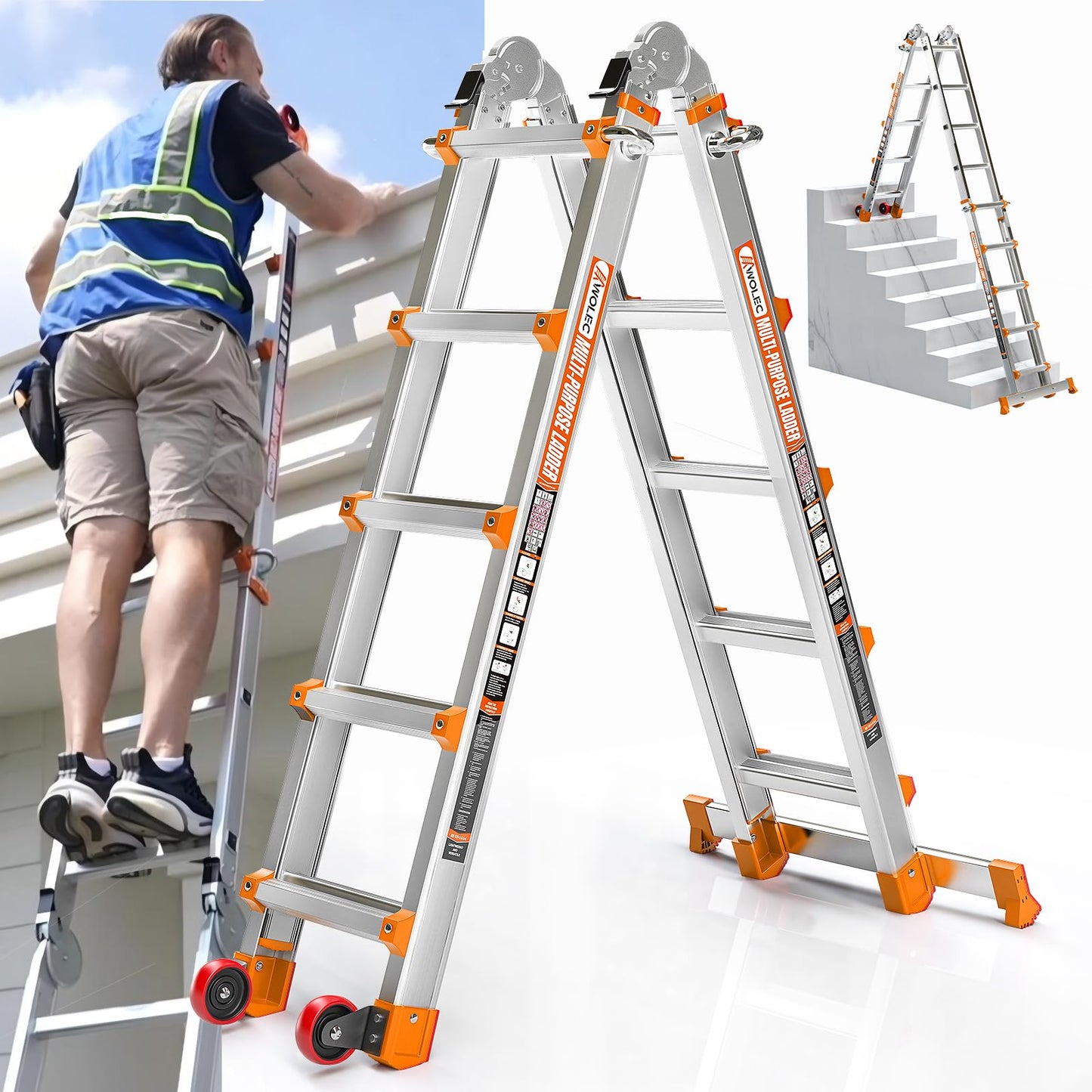 Wolec 17FT A Frame Extension Ladder, Aluminum Alloy 5-Step Ladder with Stabilizer Bar & Rolling Wheels, 330 LBS Heavy Duty, Multi-Use Ladder for Stairs Home Roof Indoor Outdoor Projects (Orange)